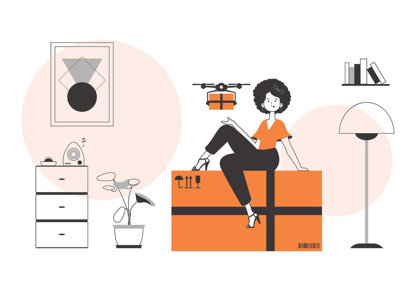 The girl sends a parcel with a drone. Drone delivery concept. Minimalistic linear style. vector