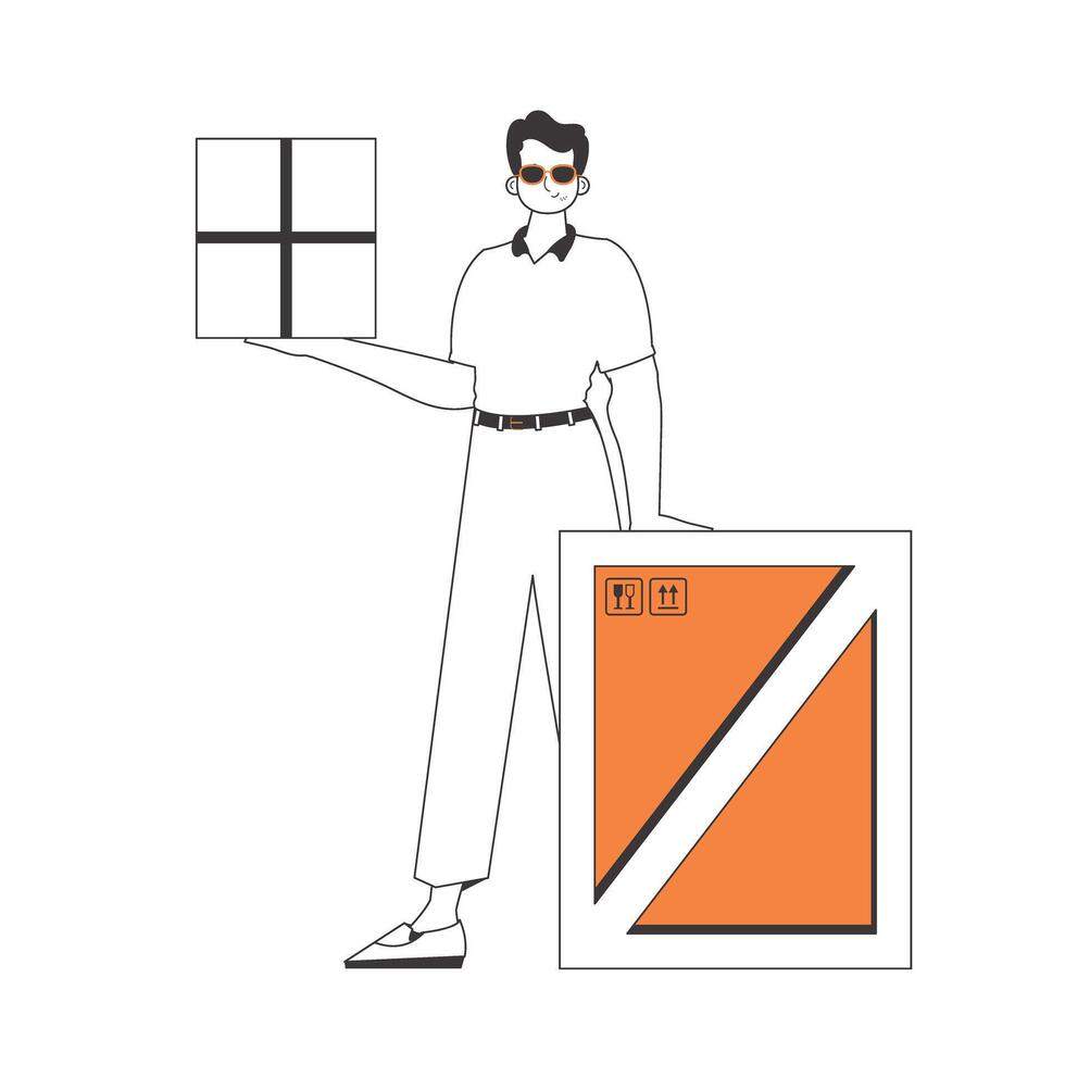 The guy is holding a package. The concept of the delivery of goods and parcels. Linear modern style. Isolated on white background. Vector illustration.