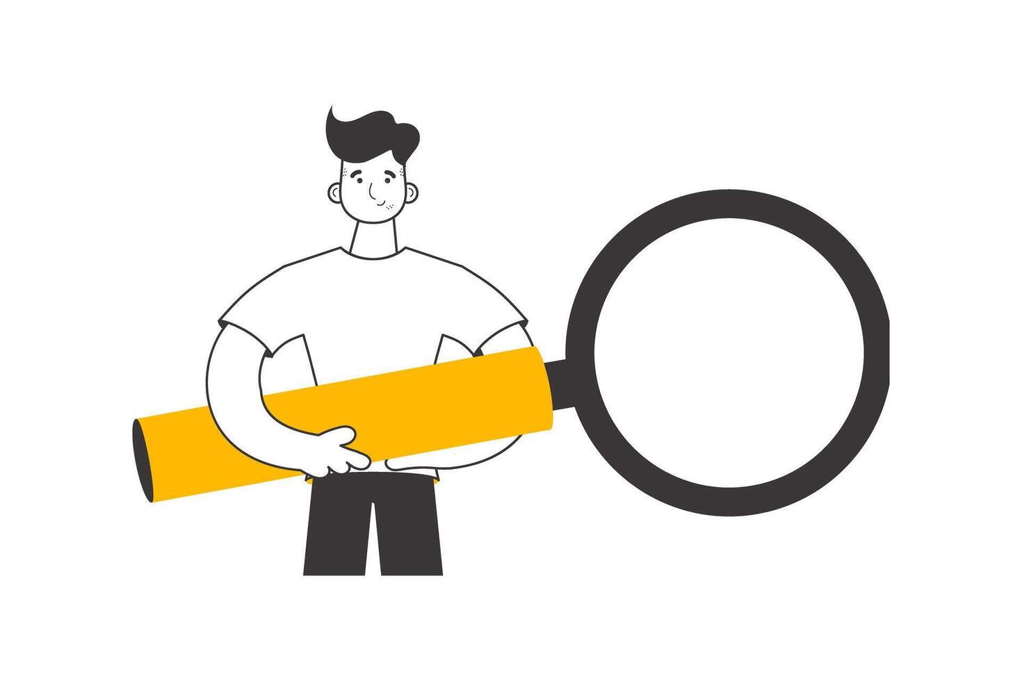 The guy is holding a magnifying glass in his hands. Linear trendy style. Isolated. Vector illustration.