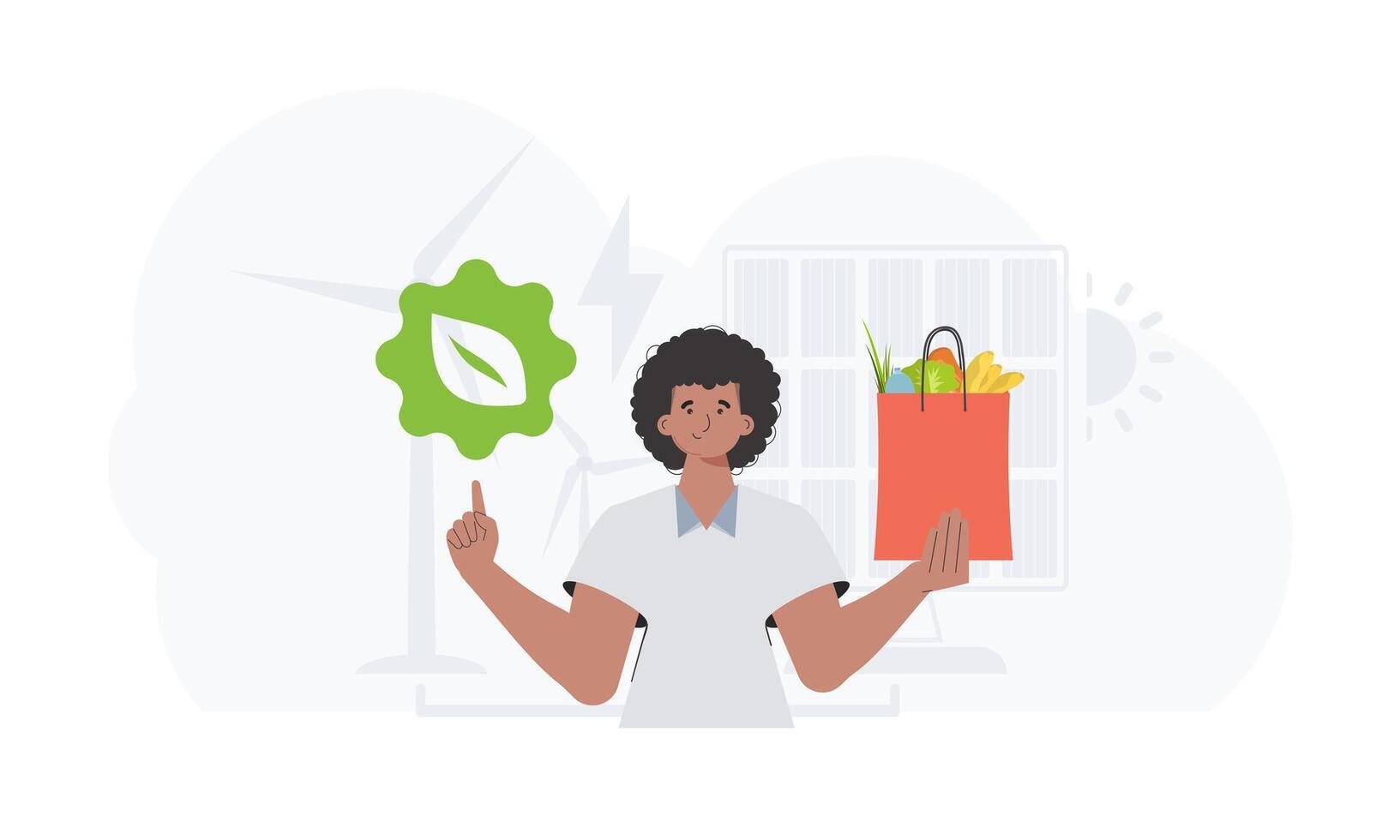 The man is shown waist-deep holding an EKO icon and a bag of proper nutrition. The concept of ecology, zero waste and healthy eating. Trend style, illustration. vector