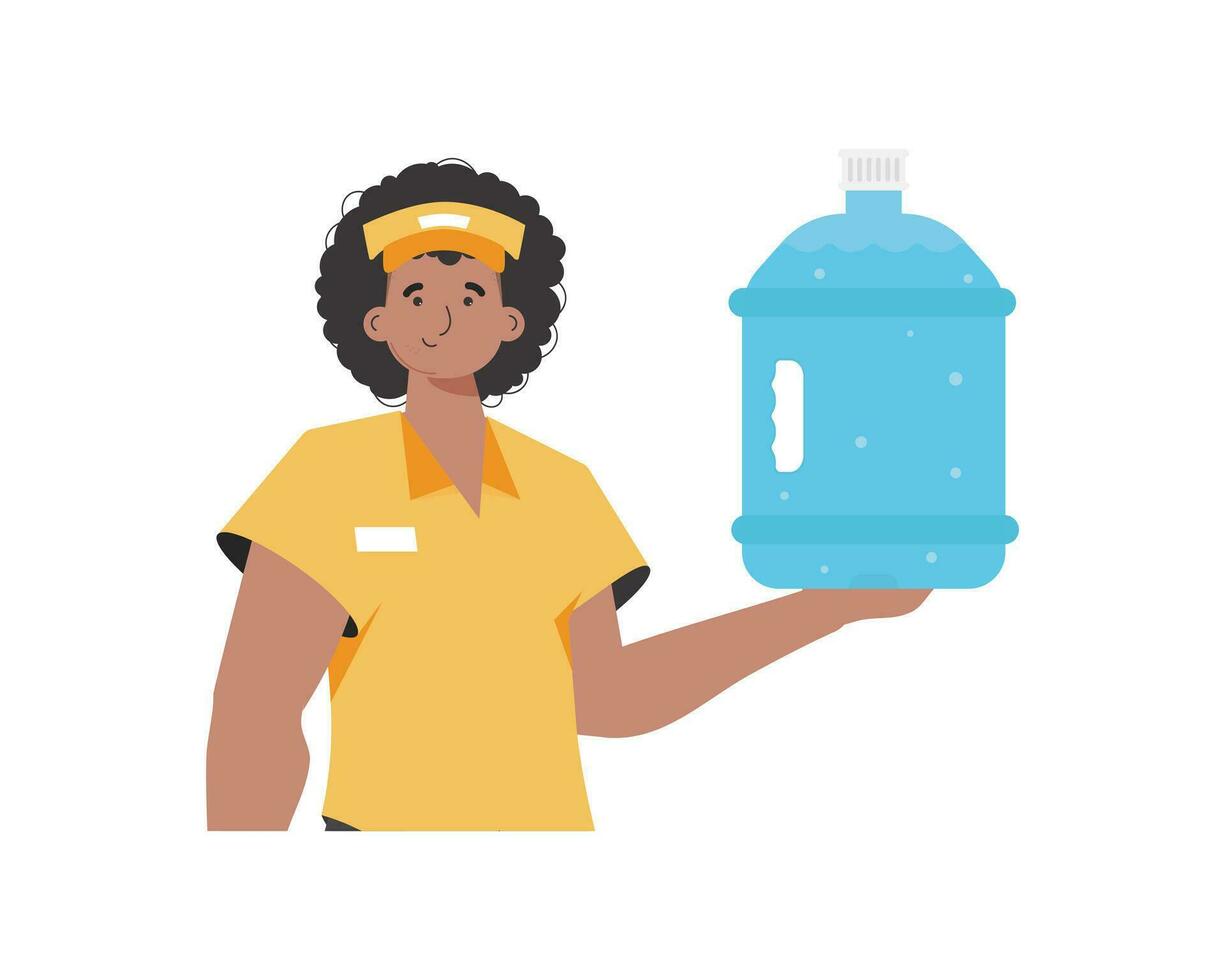Water delivery concept. The man is holding a large water bottle. The character is depicted to the waist. Isolated on white background. Vector illustration.