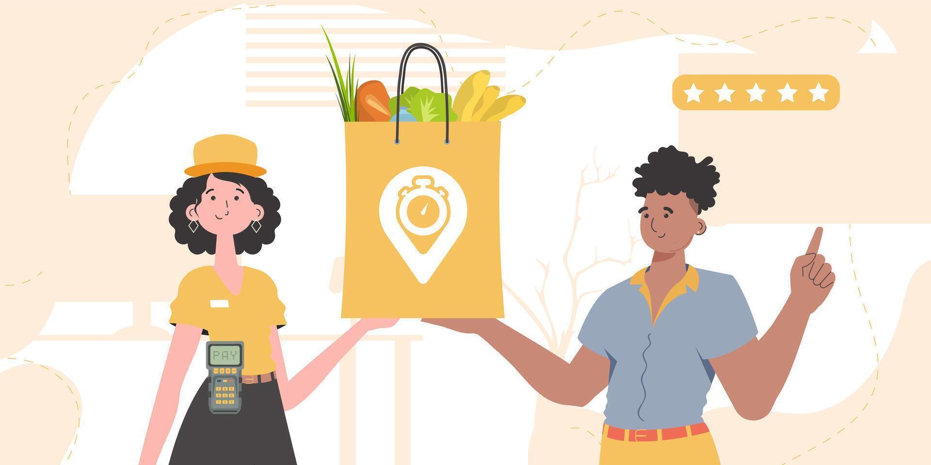 Delivery concept. Woman courier holds a package with food. trendy style. . vector