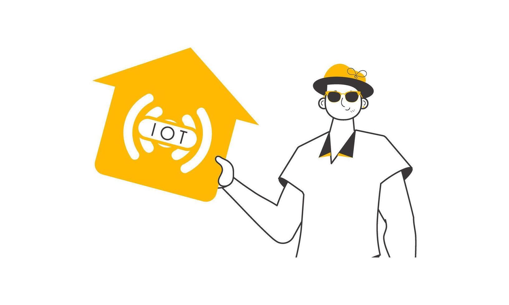 A man holds the IOT logo in his hands. Linear style. Isolated. illustration. vector