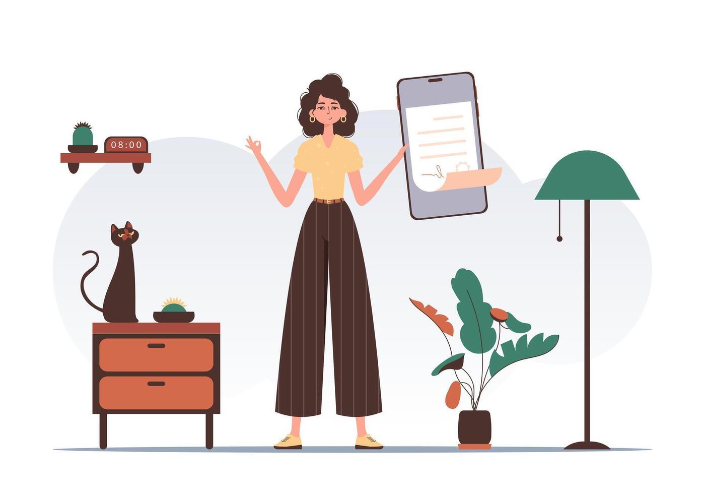 Data protection concept. Smart contract. The girl is holding a contract or a document. Trend style character. vector