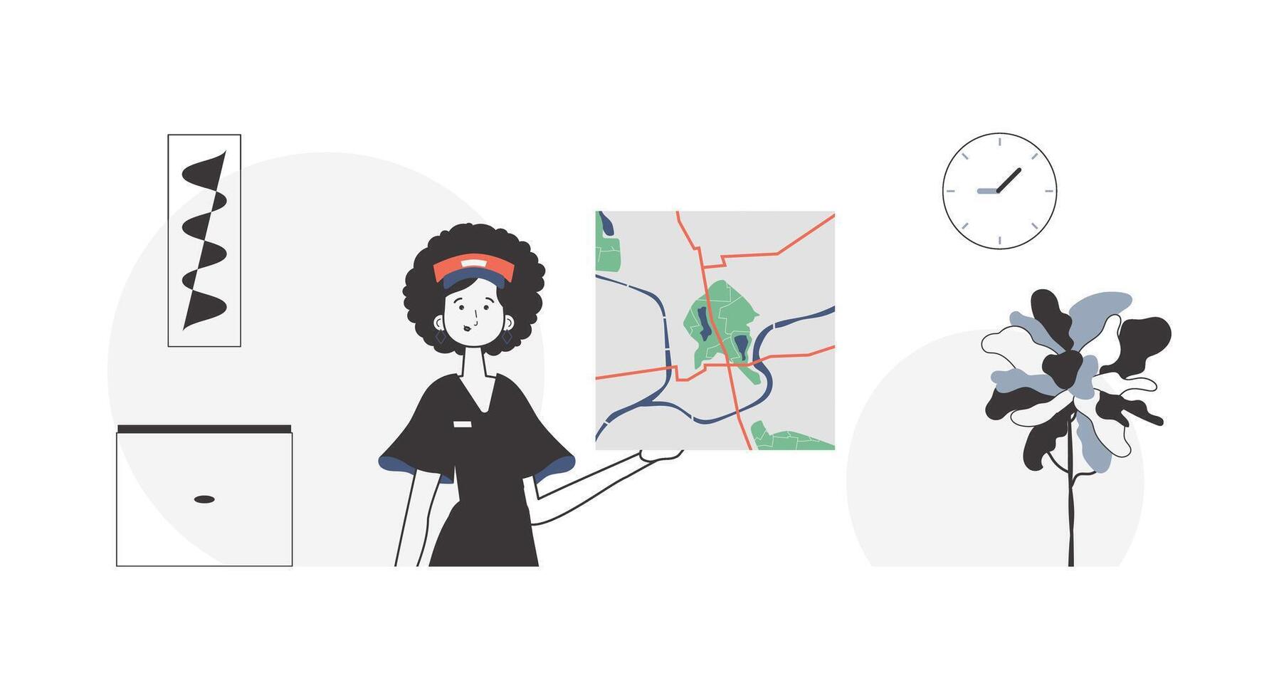 Girl with a map in her hands. Delivery concept. Linear style. vector