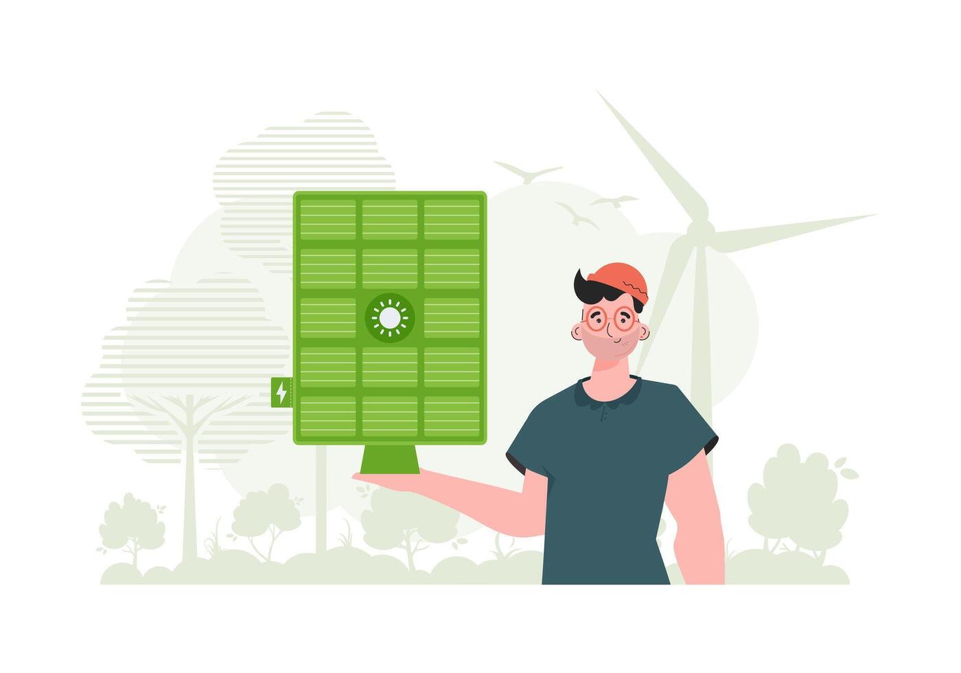 Green energy concept. The guy is holding a solar panel in his hand. . trendy style. vector