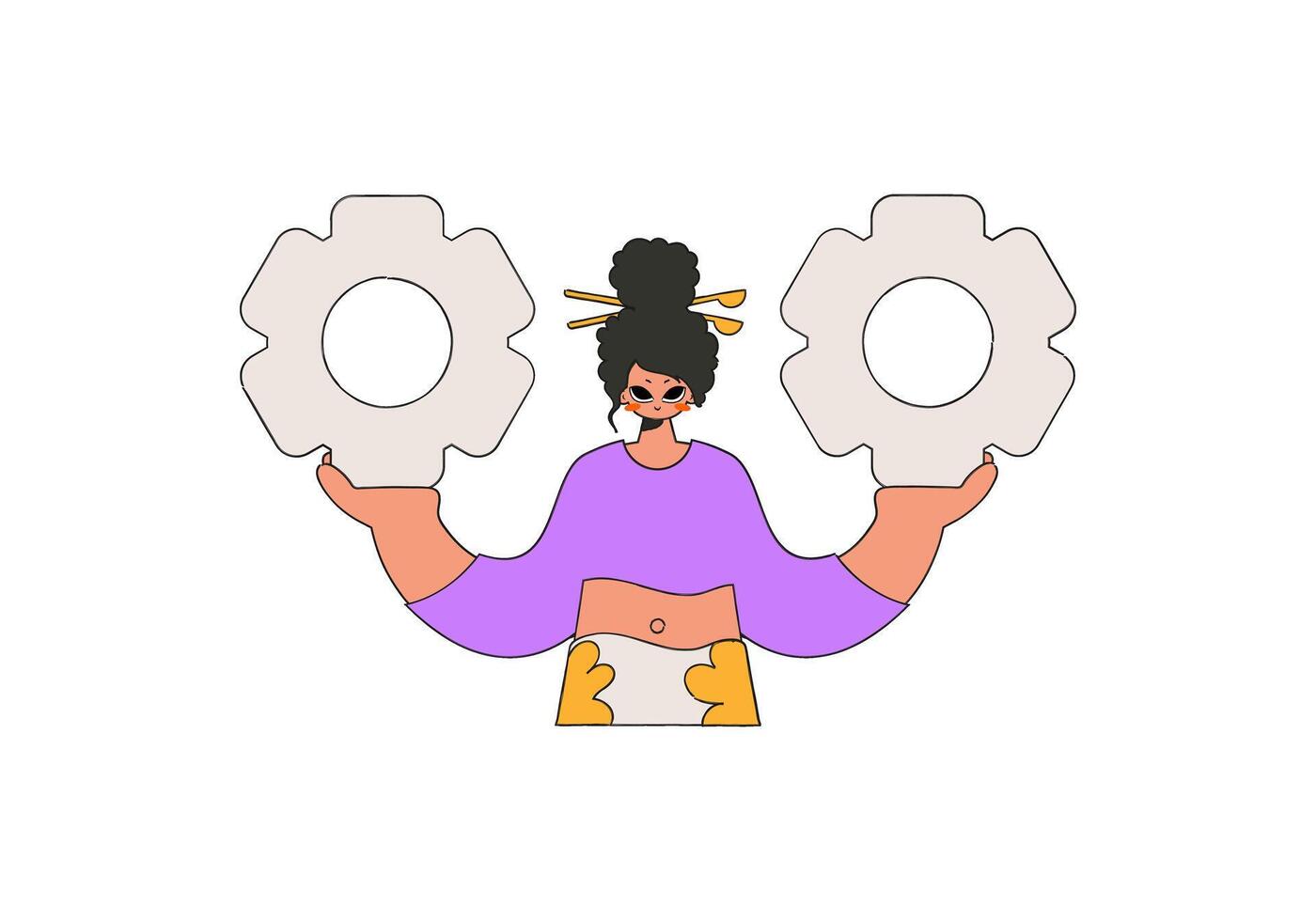 Stylish girl holds gears in her hands. Idea theme. vector