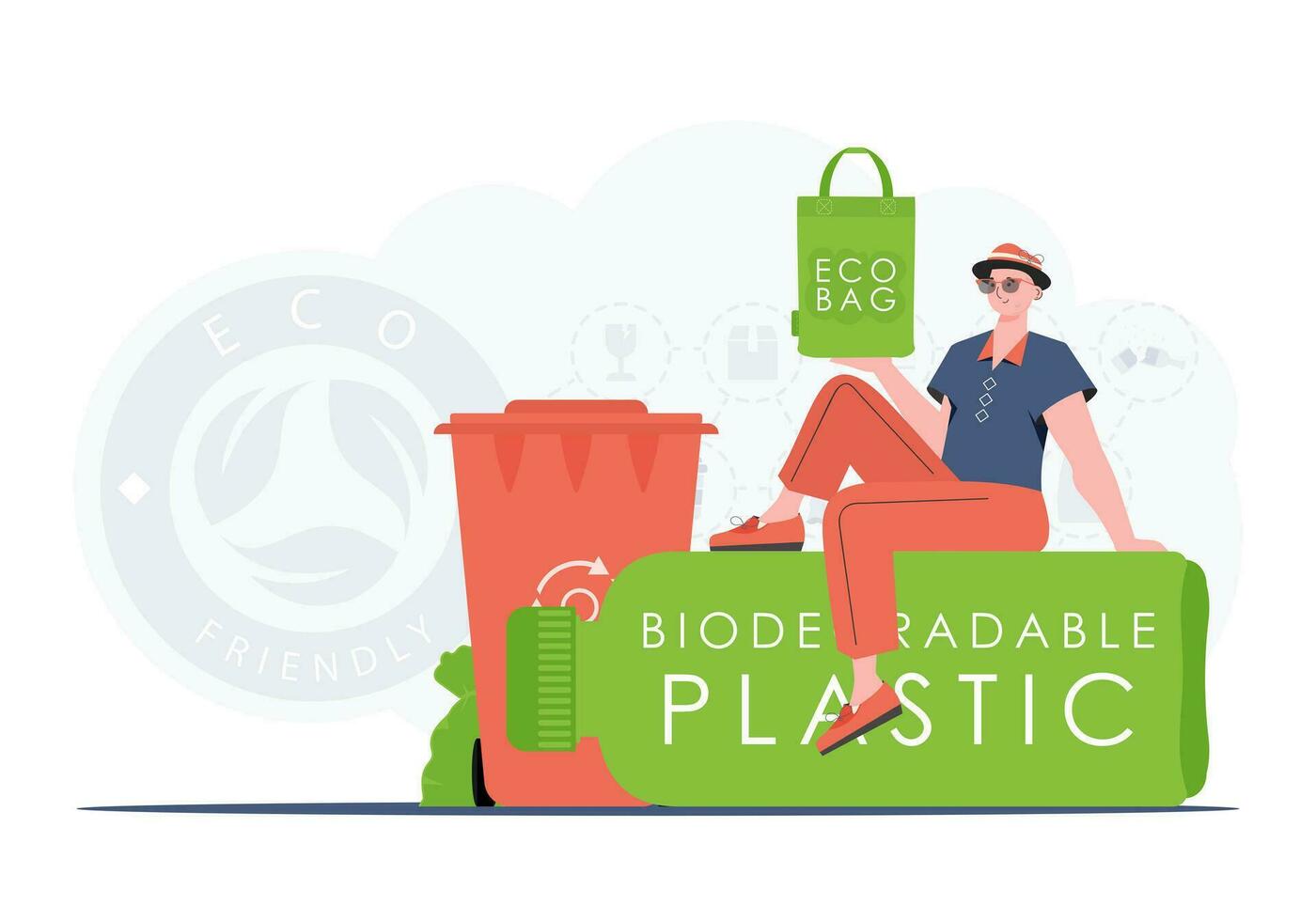 The concept of ecology and care for the environment. A man sits on a bottle made of biodegradable plastic and holds an ECO BAG in his hands. Fashion trend illustration in Vector. vector