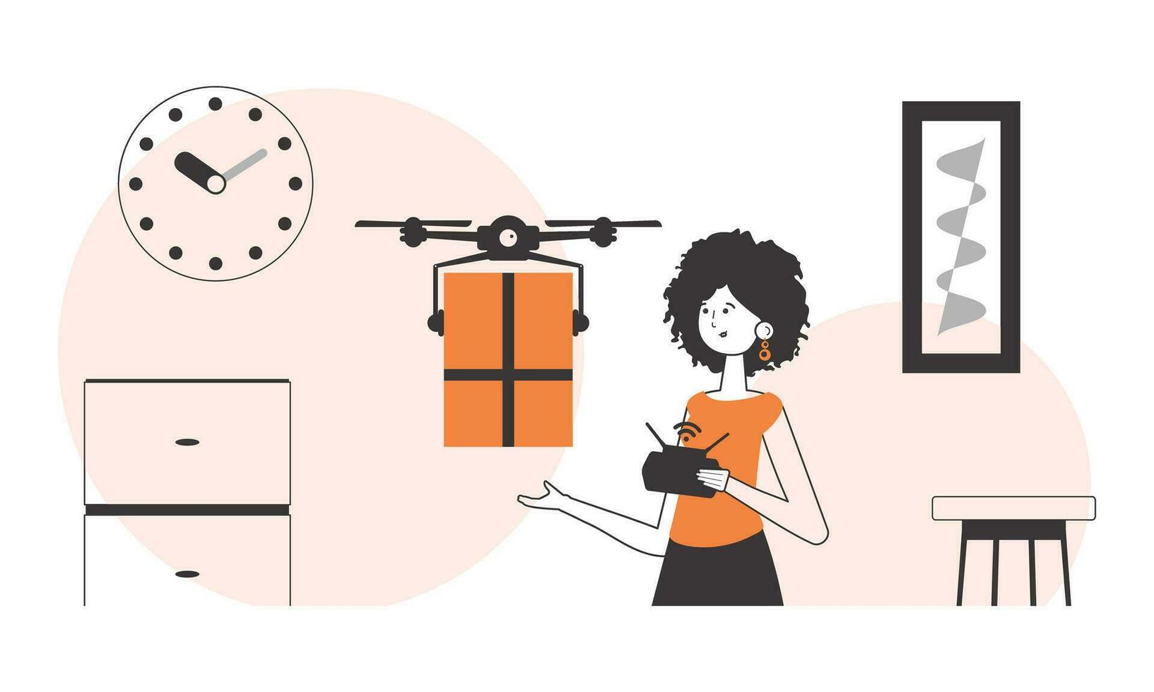 The girl delivers the package by drone. Drone delivery concept. Linear trendy style. vector