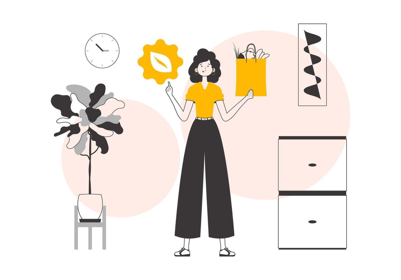 The concept of ecological products. Girl, package with products and eco logo. Linear style. vector