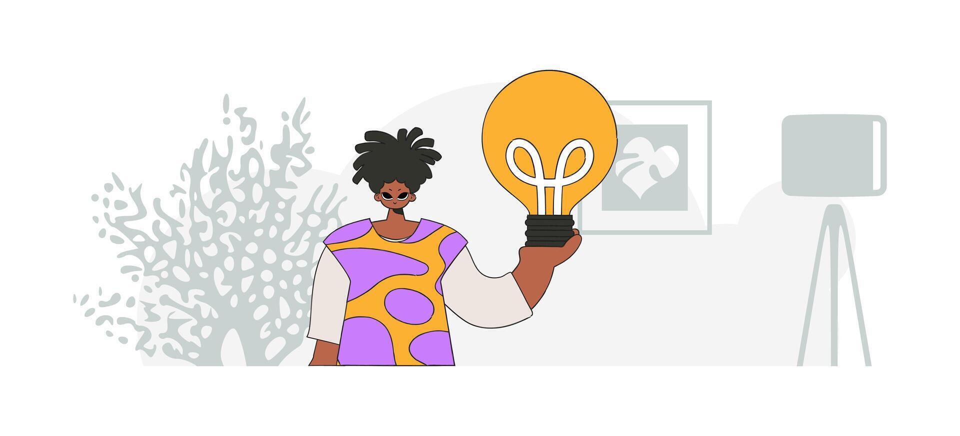 An elegant guy is holding a light bulb. Idea concept. trendy character. vector