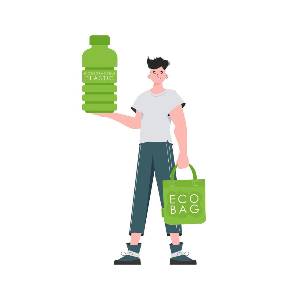 A man holds a bottle made of biodegradable plastic in his hands. The concept of ecology and care for the environment. Isolated on white background. Trend style.Vector illustration. vector