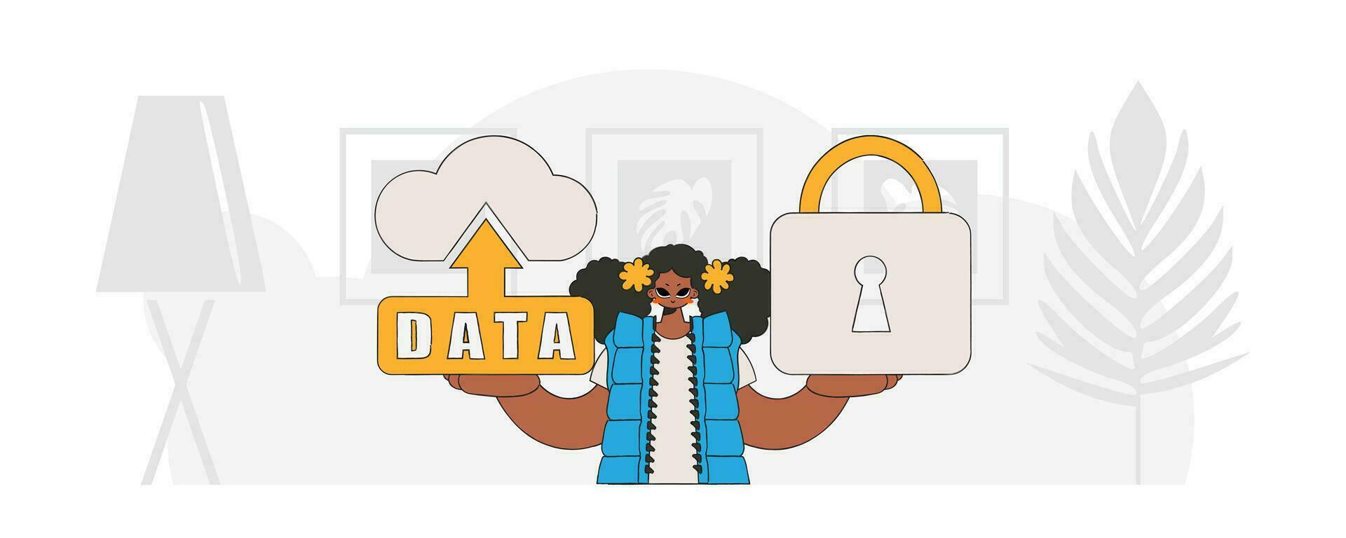 Girl with cloud storage padlock, vector modern style character.