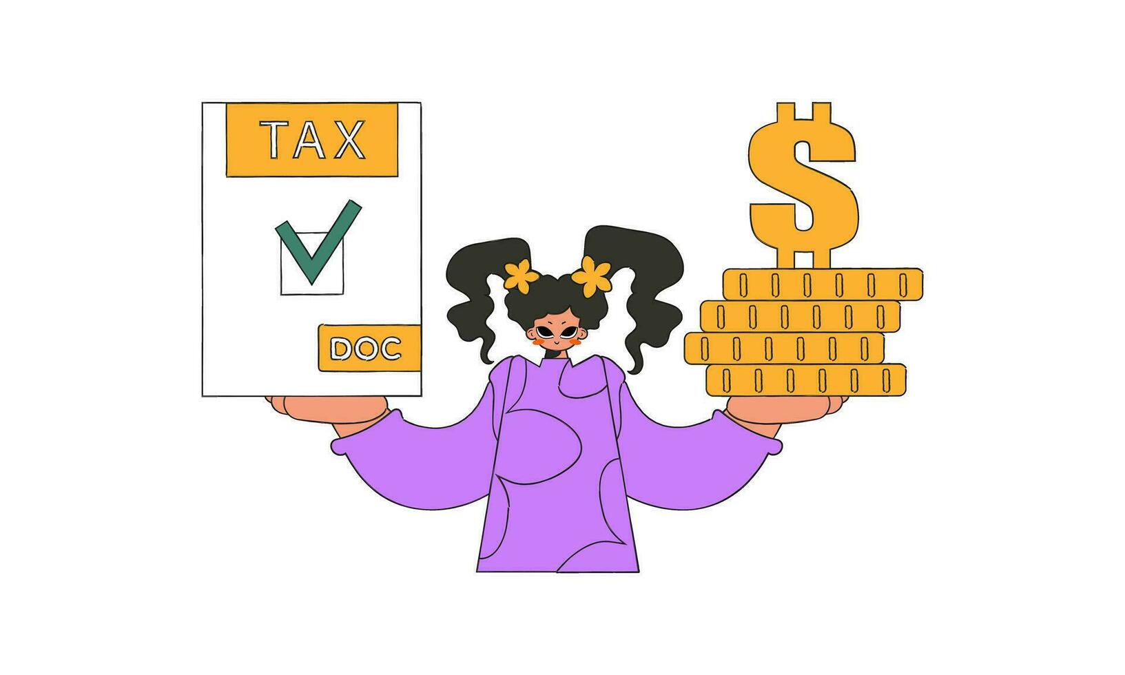 A trendy woman holds a tax form and coins in her hands. The topic of paying taxes. vector