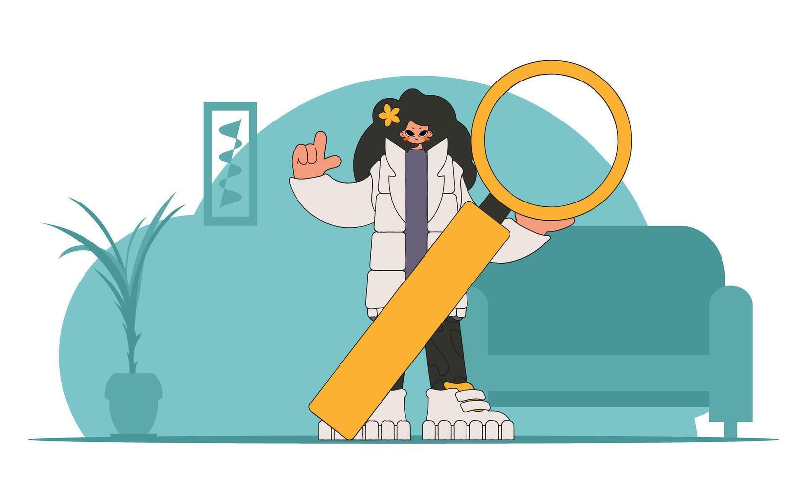 Concept Finding the necessary information on the Internet. The man is holding a magnifying glass. Retro style character. vector