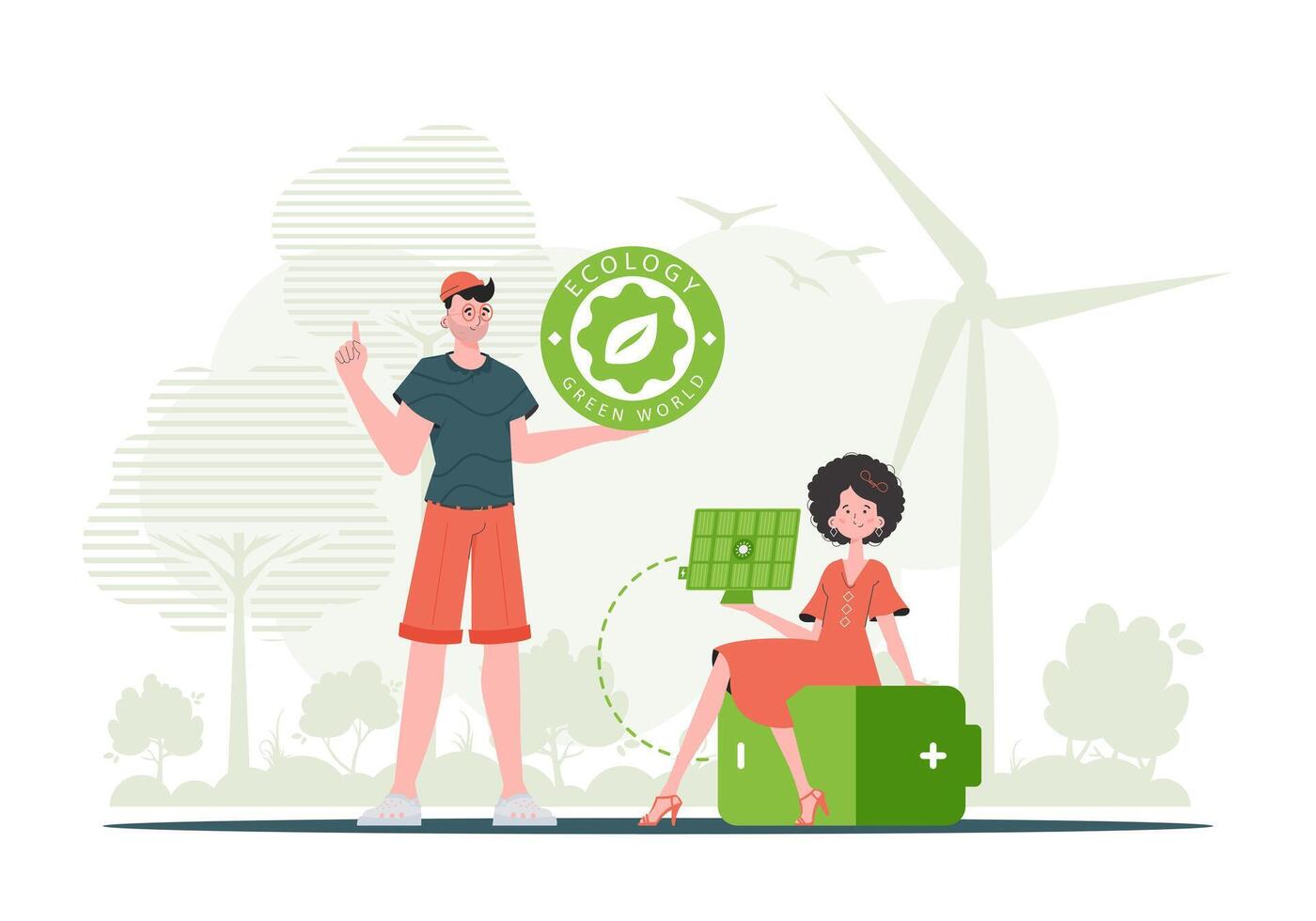Boy and girl and solar panel. The concept of solar energy. . vector