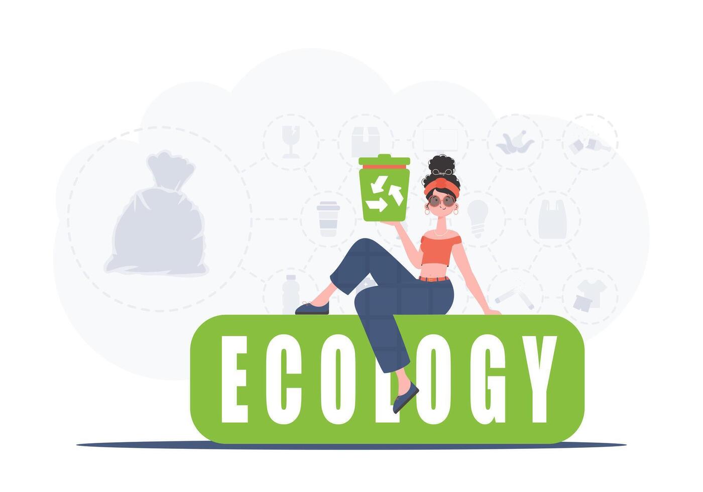 The girl sits and holds a trash can in her hand. The concept of ecology and recycling. Trendy character style. Vetcor. vector