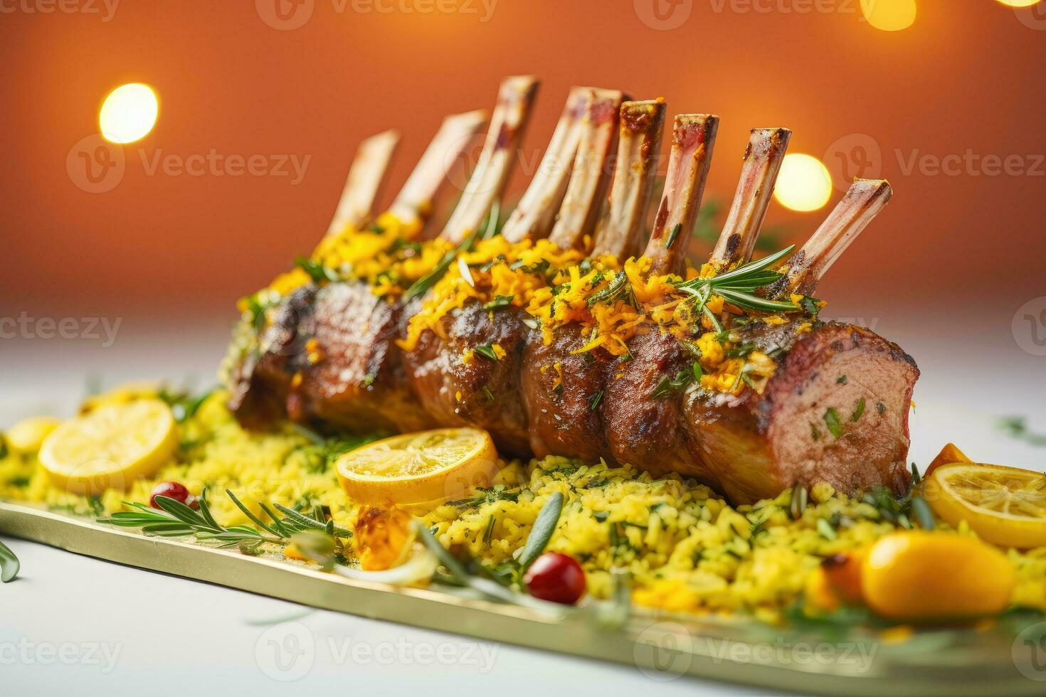 Lamb Shank Biryani Rice with lemon and mint on top Generative AI photo