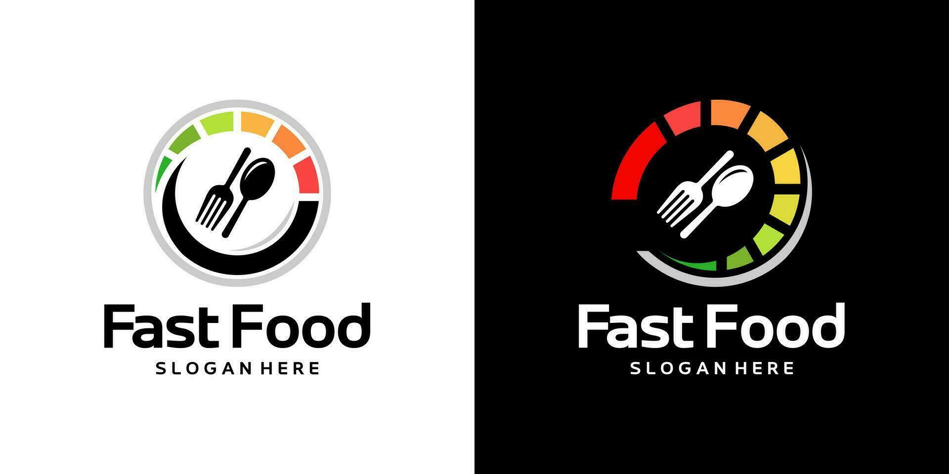 Fast food logo design template. Speed speedometer with fork spoon design graphic vector illustration. Symbol, icon, creative.