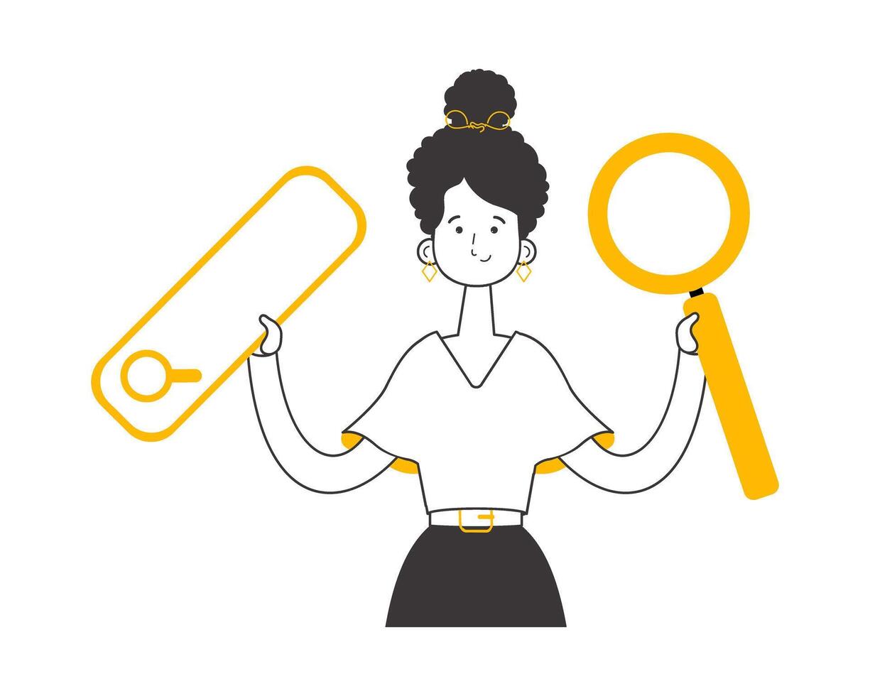 The girl is holding a magnifying glass in her hands. Search concept. Line art style. Isolated on white background. Vector illustration.