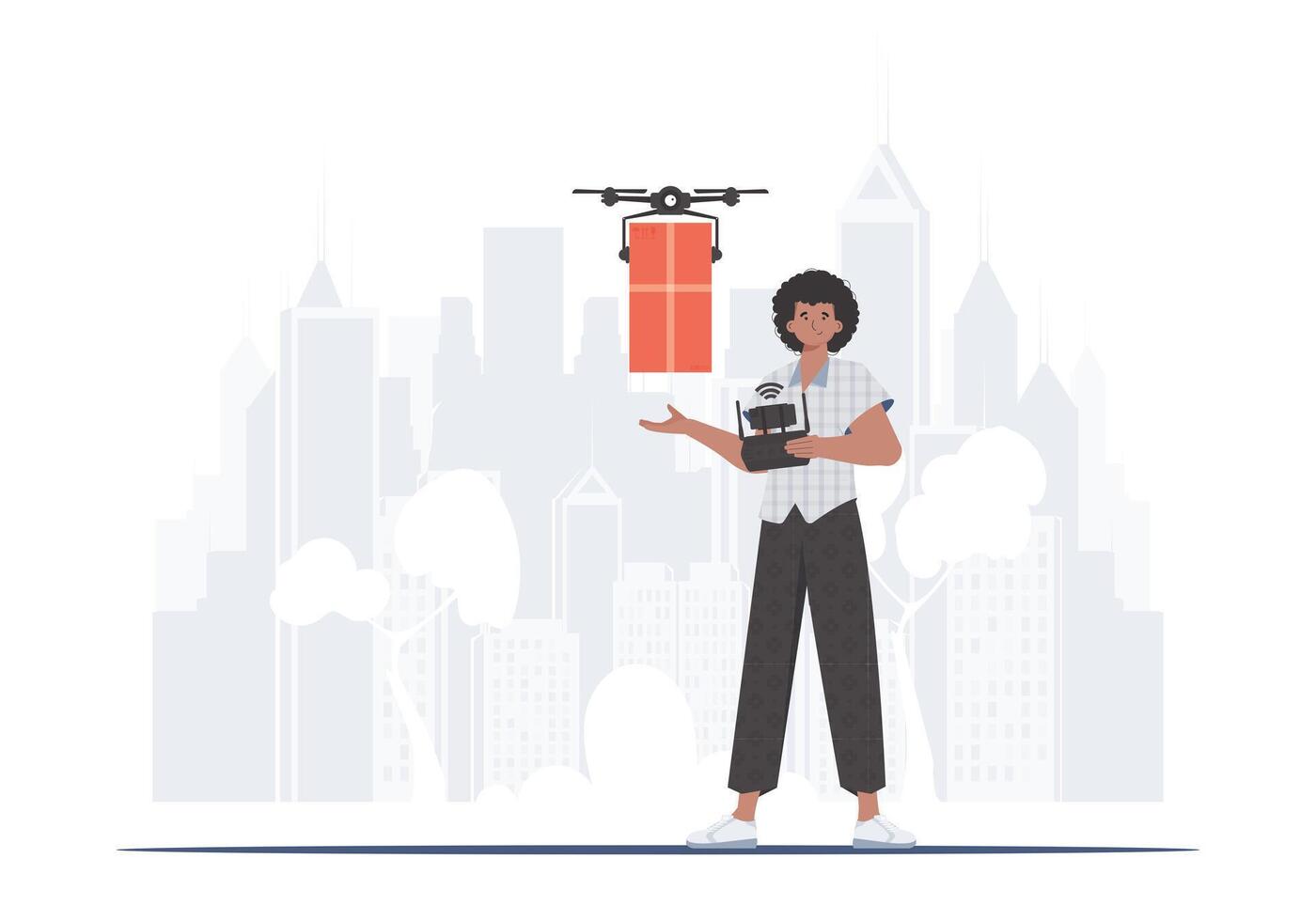 A man controls a quadcopter with a package. The concept of cargo delivery by air. Vector illustration.