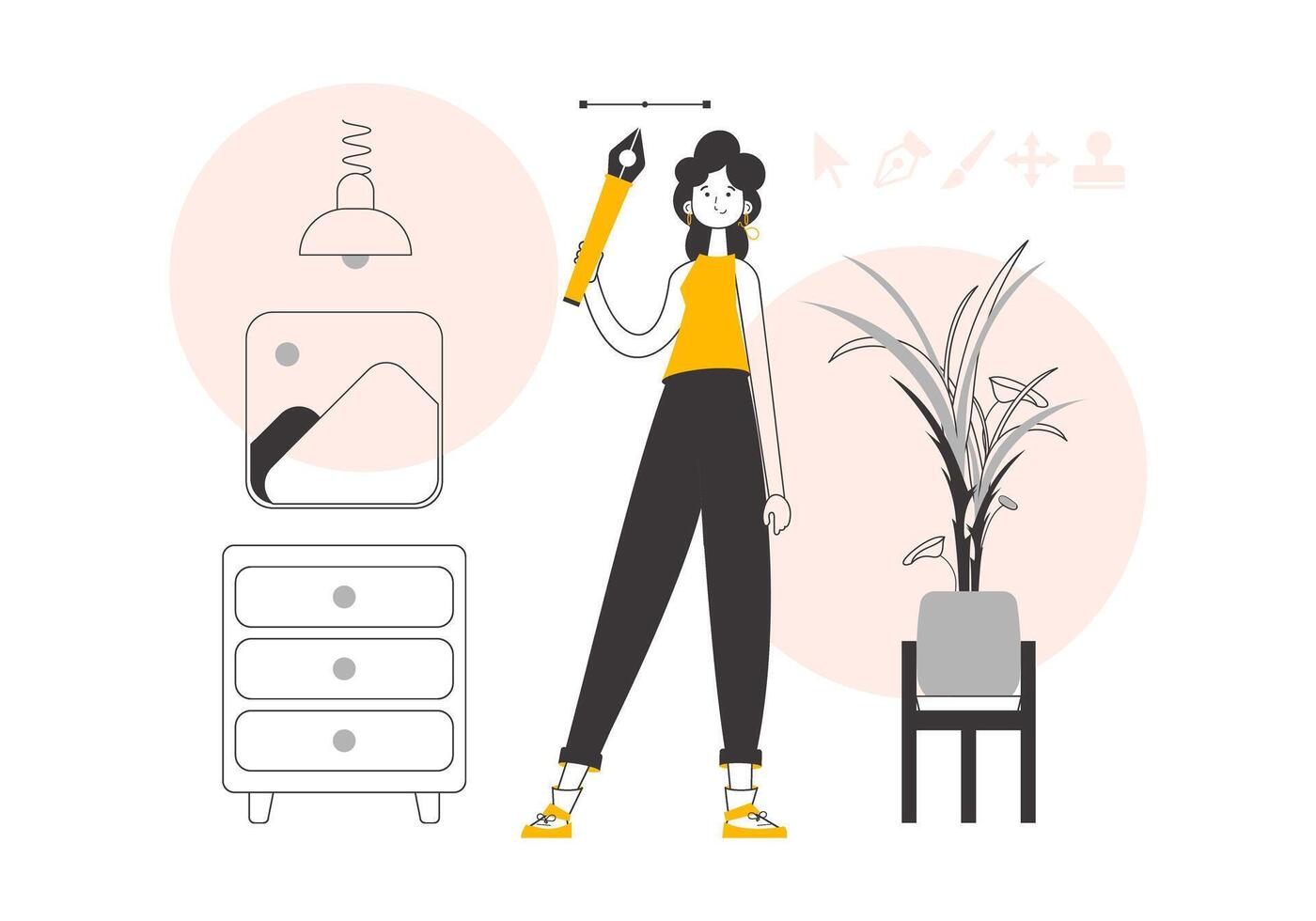 The girl designer holds a pen tool for 2D graphics in her hand. Linear trendy style. Vector. vector