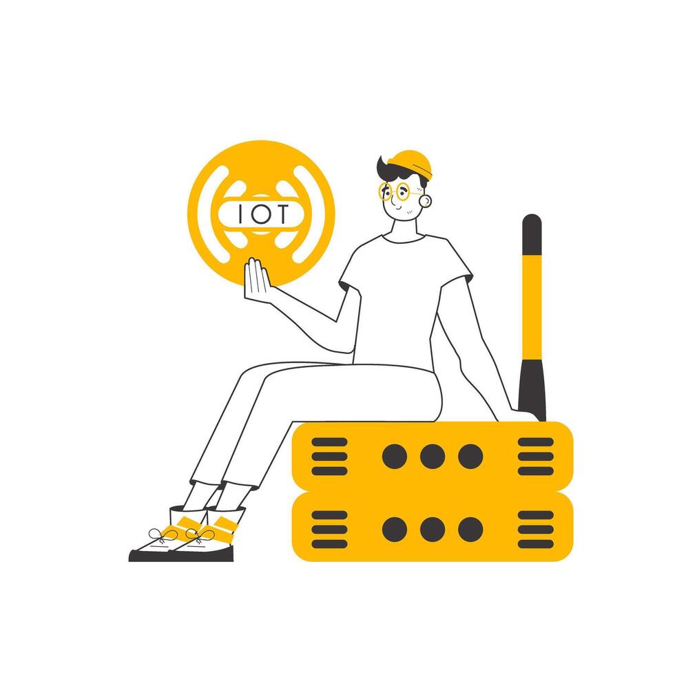 A man holds the internet of things logo in his hands. Linear style. Isolated. illustration. vector
