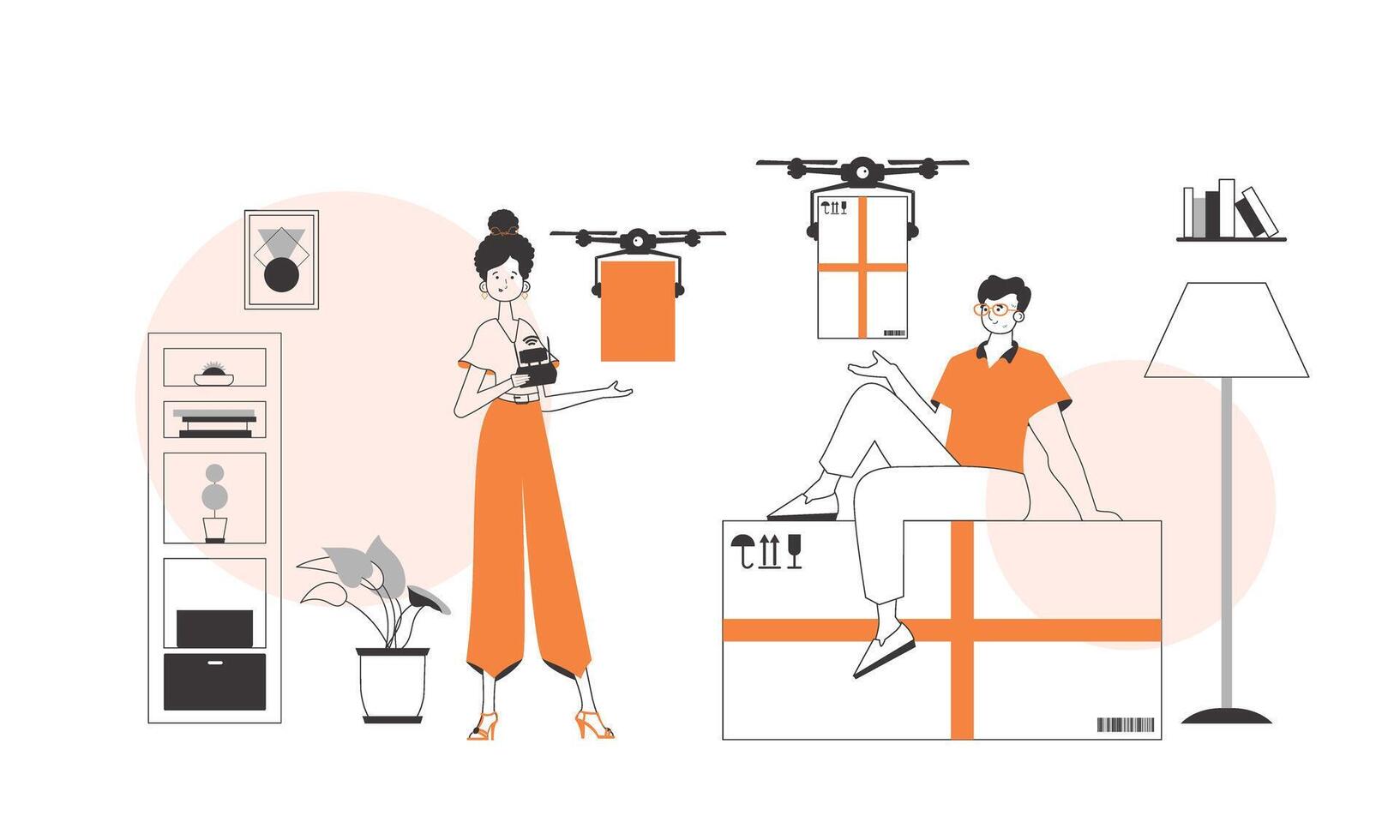 A man and a woman, the team delivers the package by drone. Drone delivery concept. Minimalistic linear style. vector