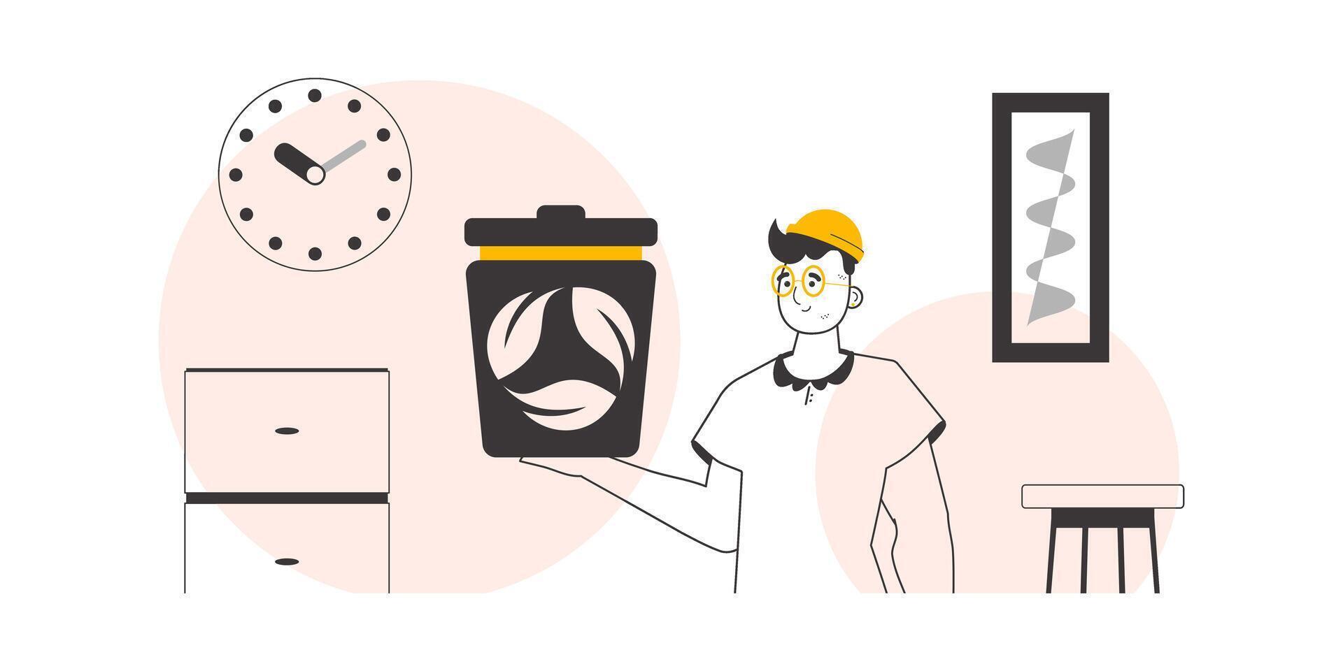 The guy is holding a trash can. Waste recycling concept. Linear trendy style. vector