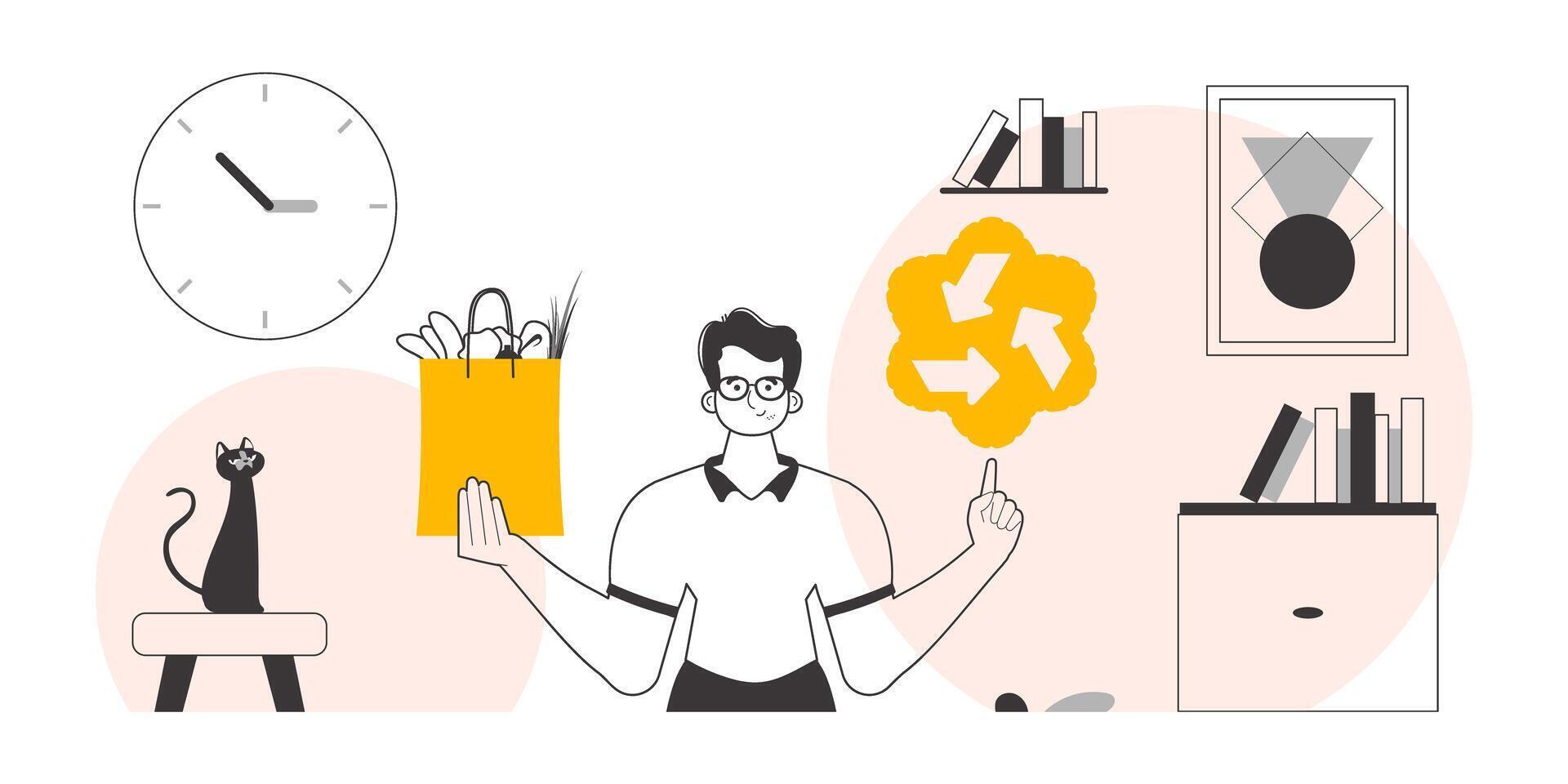 The concept of reasonable consumption. A man, a package with products and an eco logo. Linear trendy style. vector