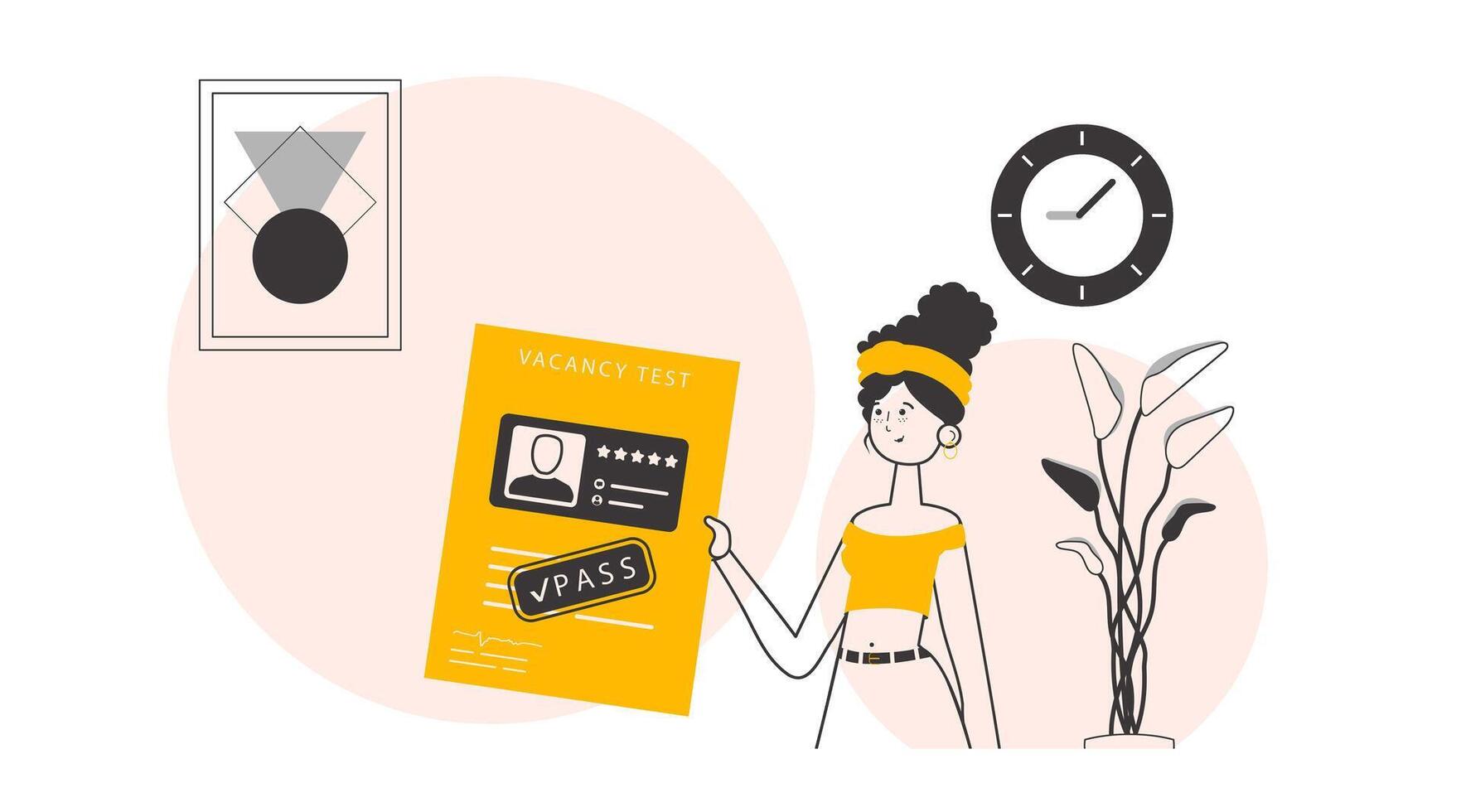 The woman passed the job test. Linear trendy style. illustration. vector