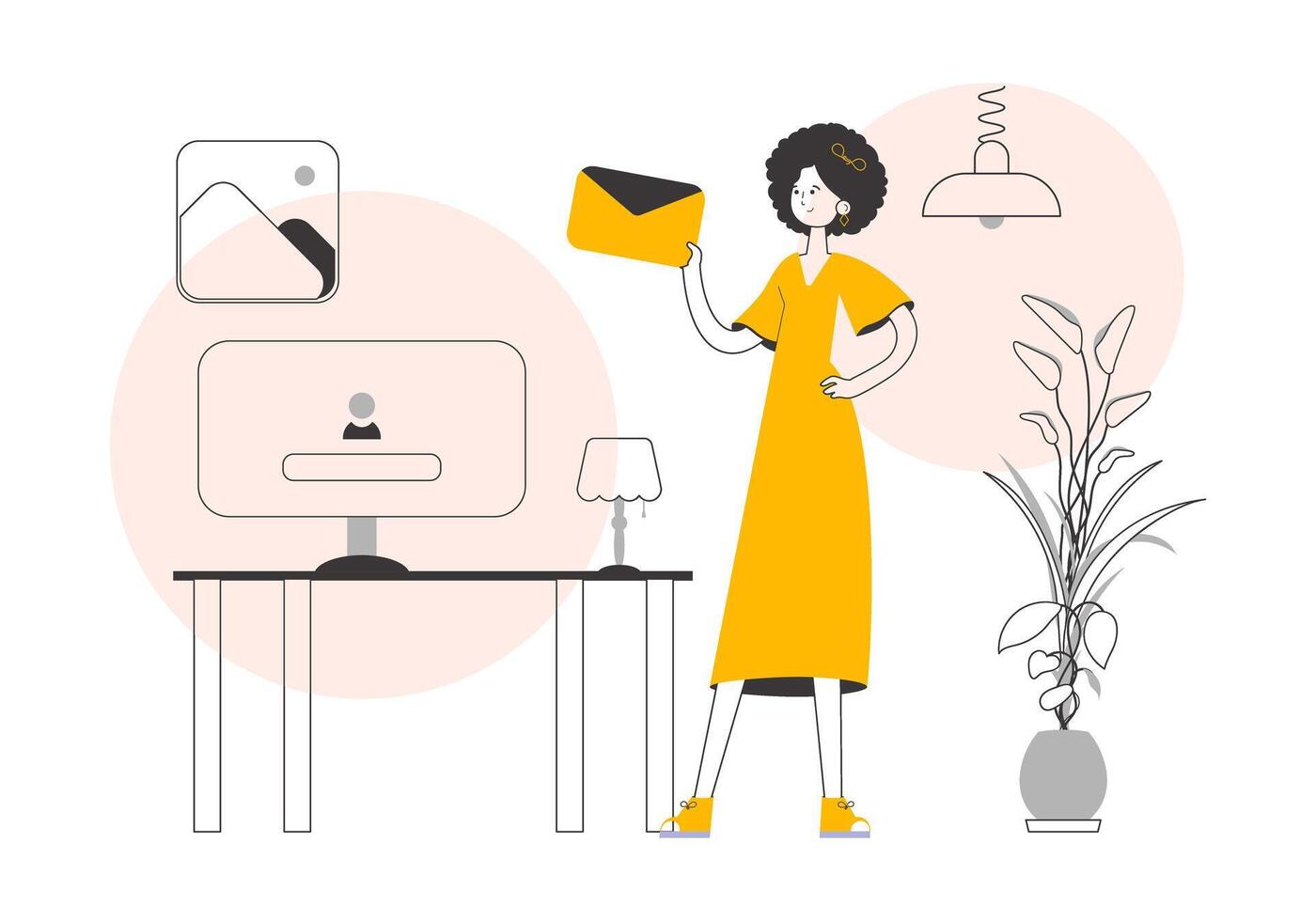 The girl is holding an envelope or a letter in her hands. Lines modern style. illustration. vector