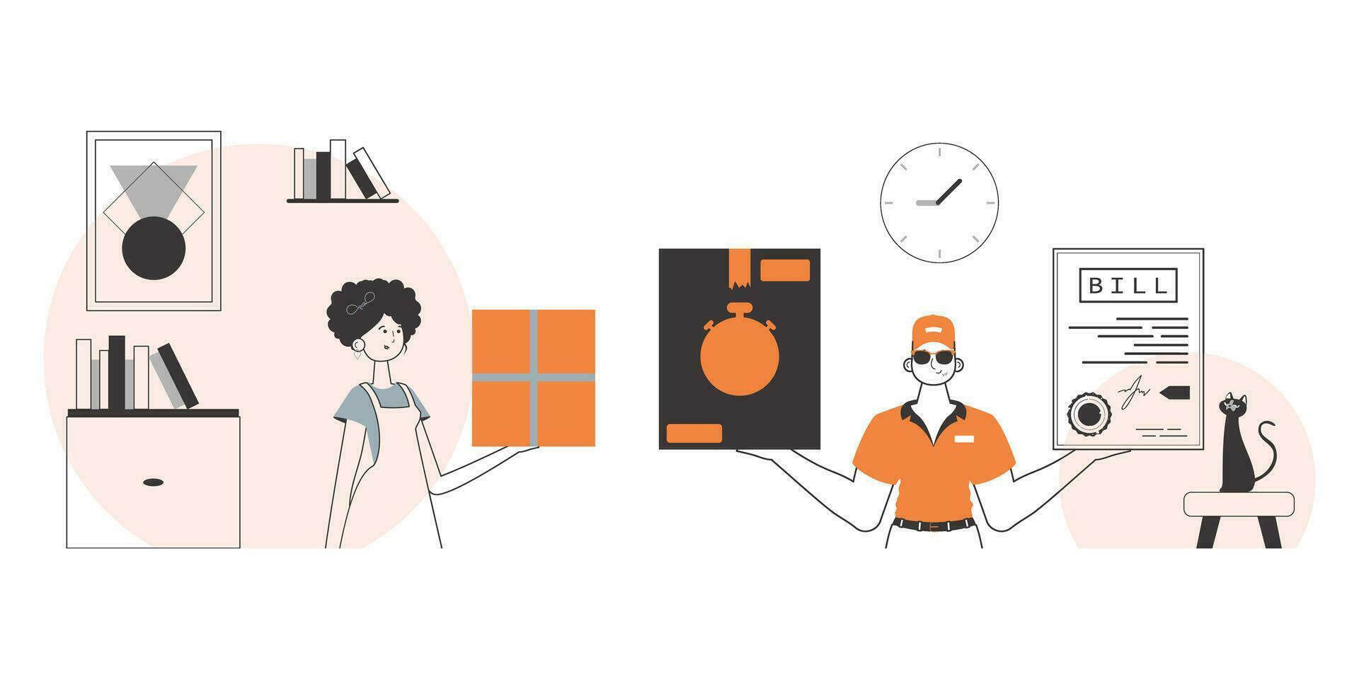 Parcel delivery team. Linear modern style. vector