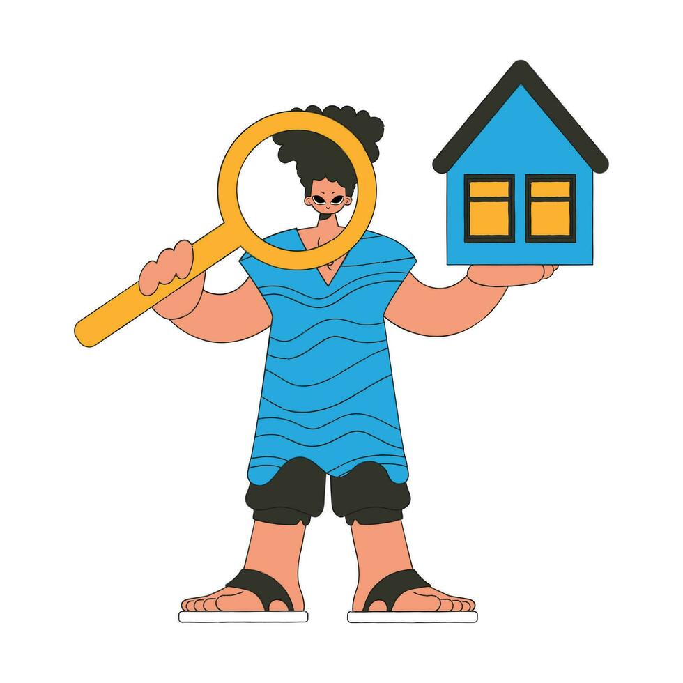 A male realtor is holding a house and a magnifying glass. Selling and owning a house. vector