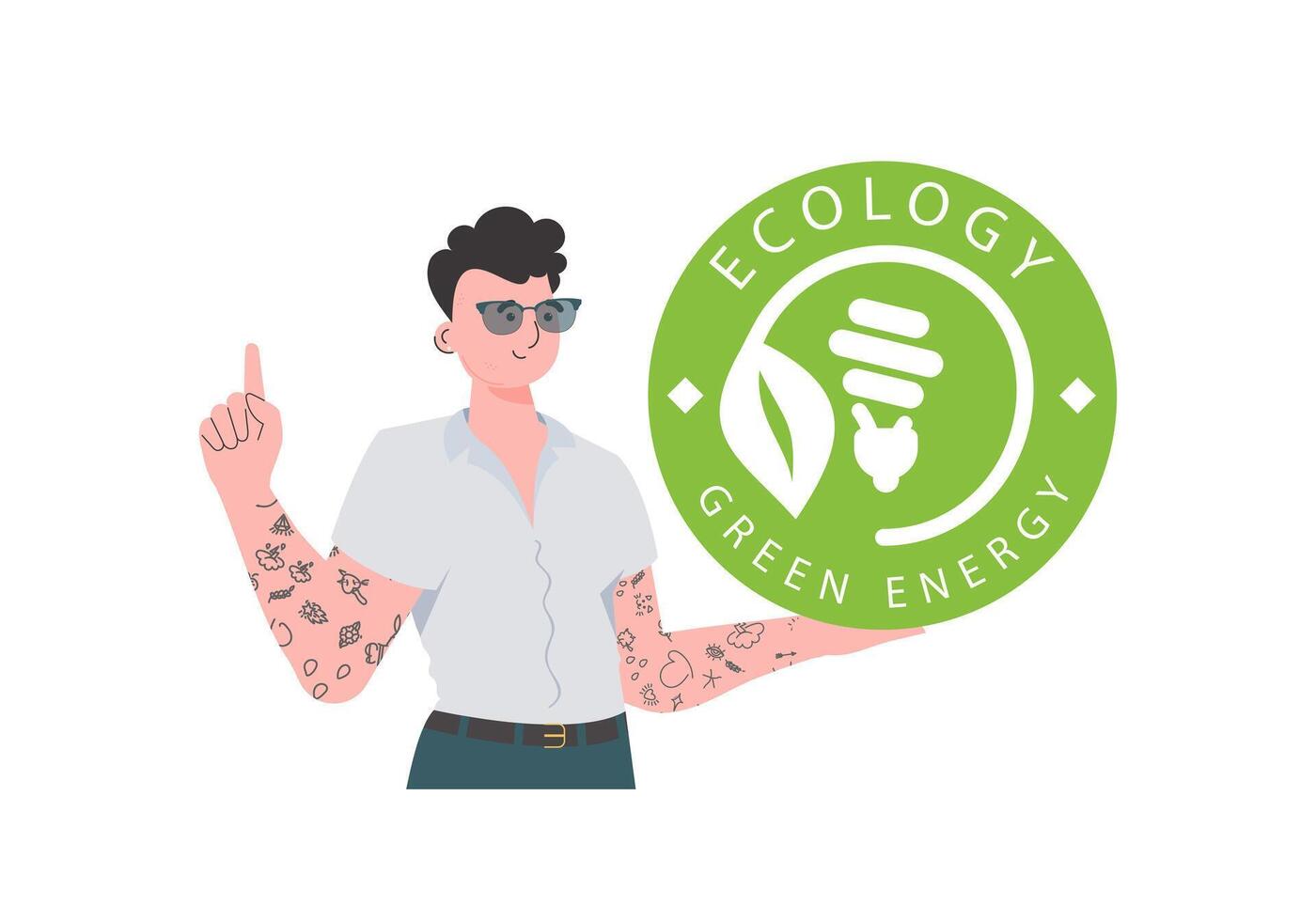 A man holds the ECO logo in his hands. The character is depicted to the waist. The concept of green energy and ecology. Isolated on white background. Fashionable, trendy style. . vector