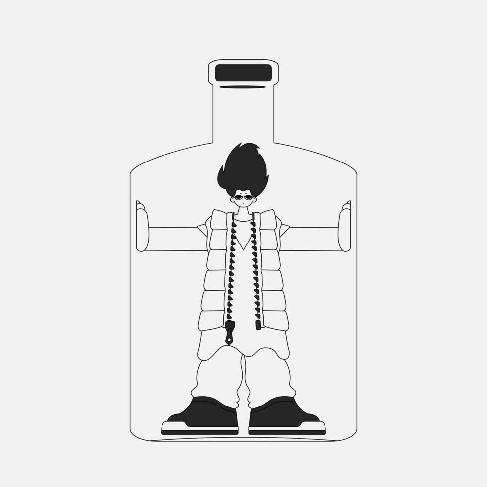 Alcohol addiction. the unique guy is in the bottle. Linear black and white style. vector