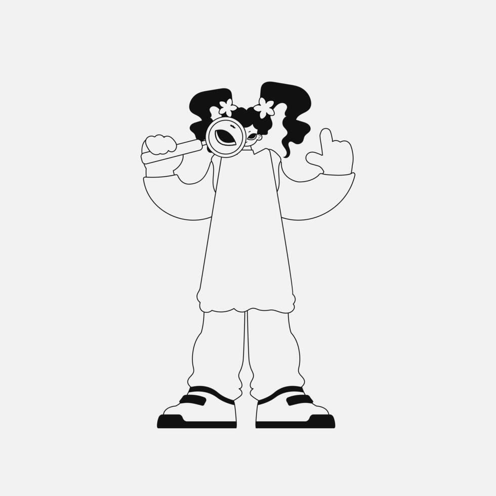 Inspirational woman holding a magnifying glass, magnifier in her hands. Linear black and white style. vector