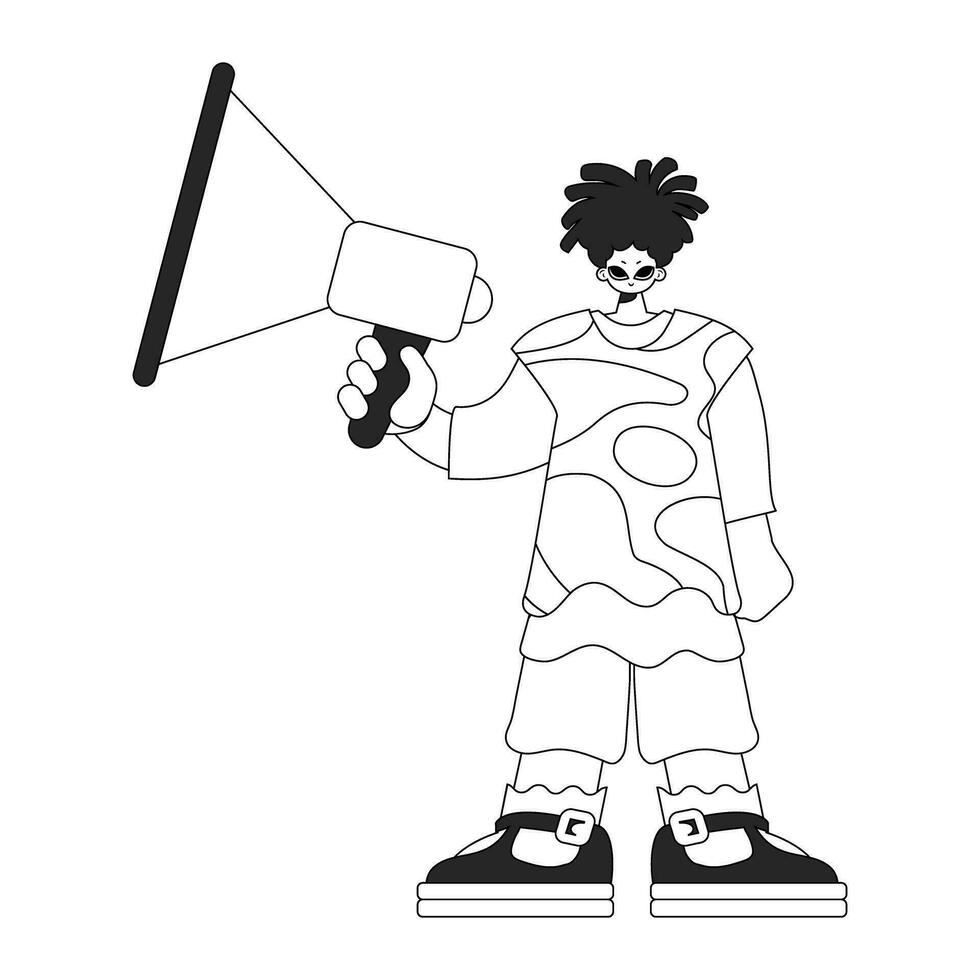 Proficient HR specialist man holding a megaphone in his hands. HR topic. Linear black and white style. vector