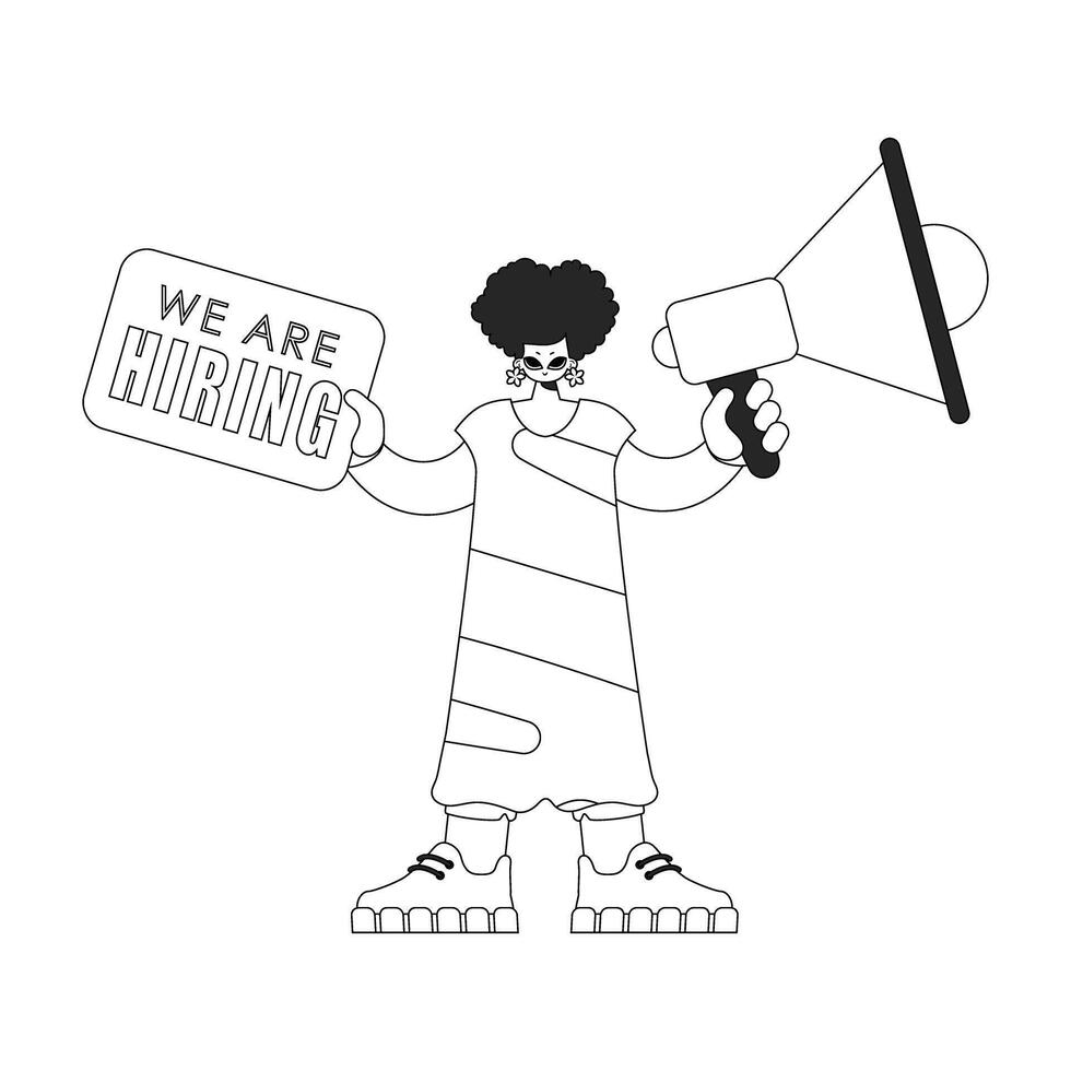 A trained HR specialist woman holds a megaphone in her hands. HR topic. Newspaper black and white style. vector