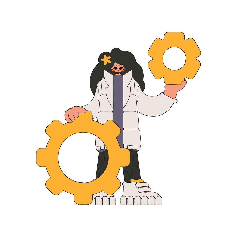 Gorgeous woman holds gears in her hands. Idea theme. vector