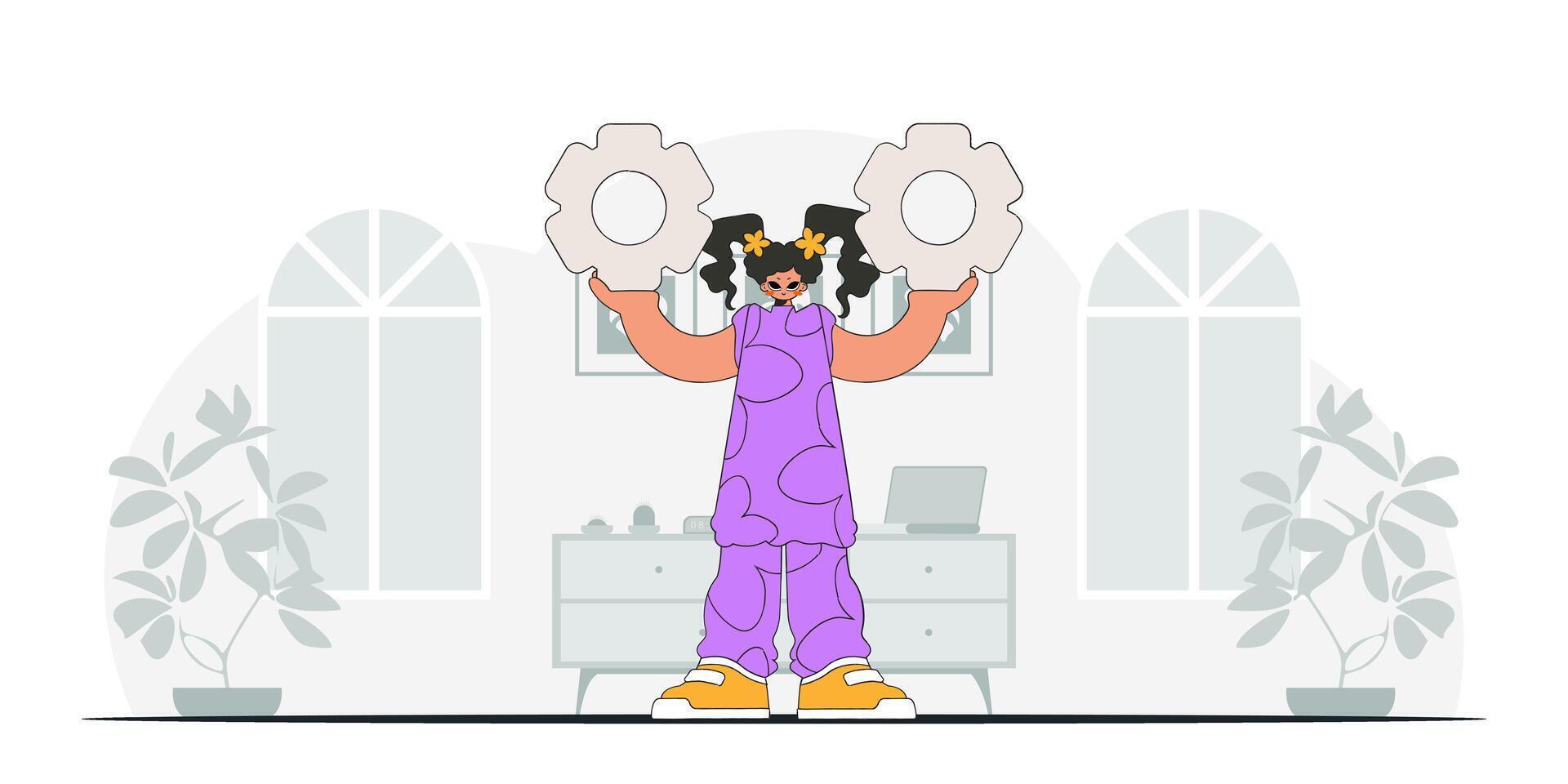 Gorgeous woman holding gears. Illustration on the theme of the appearance of an idea. vector