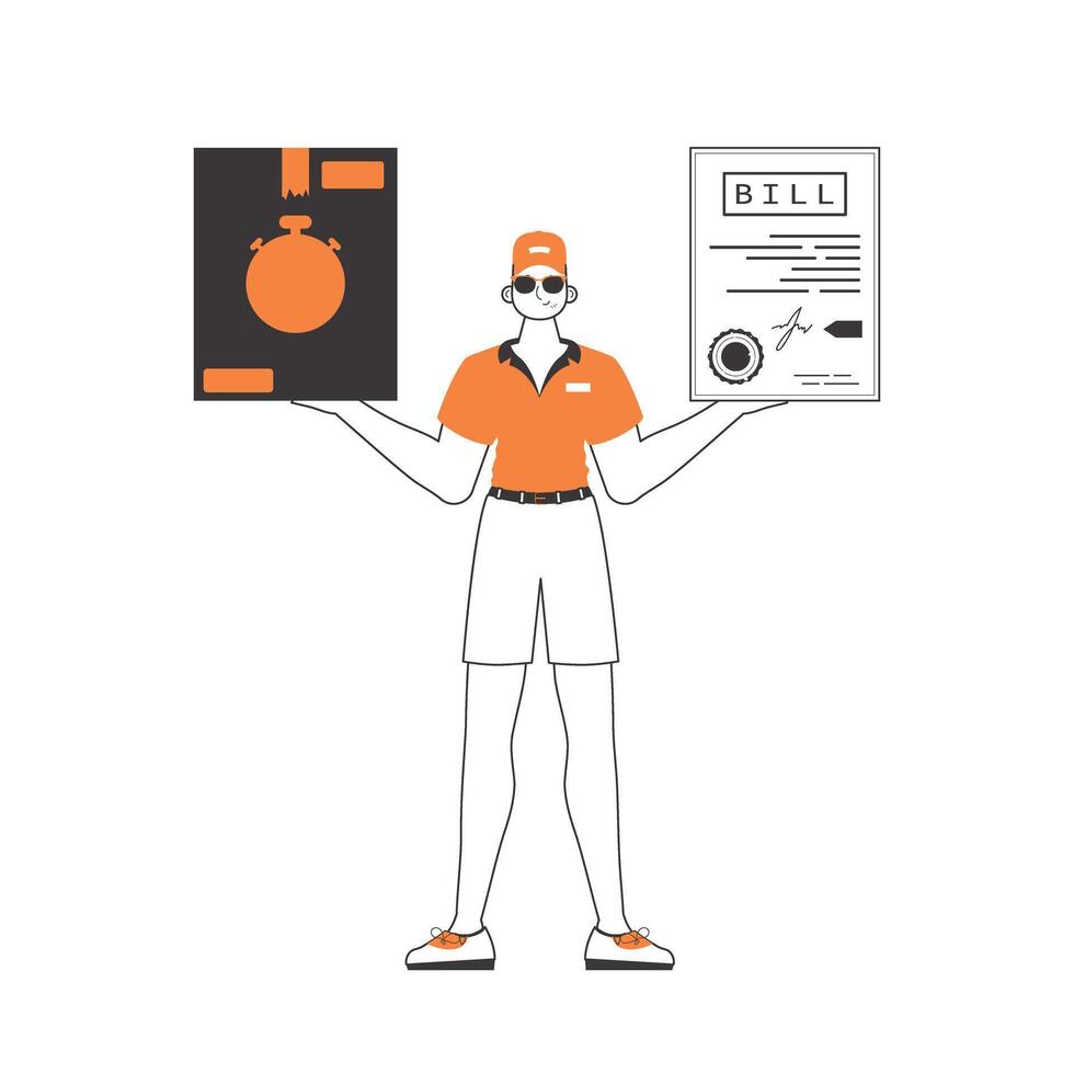 A man holds a parcel and a check in his hands. The concept of the delivery of goods and parcels. Linear modern style. Isolated on white background. illustration. vector