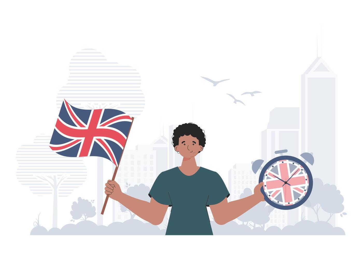 The concept of learning English. Male teacher shows that it's time to learn English. Trendy flat style. . vector