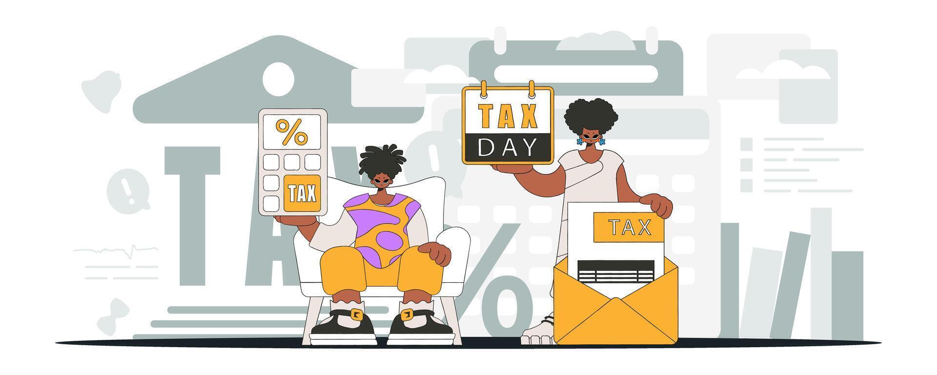 Elegant guy and girl demonstrate paying taxes. An illustration demonstrating the correct payment of taxes. vector