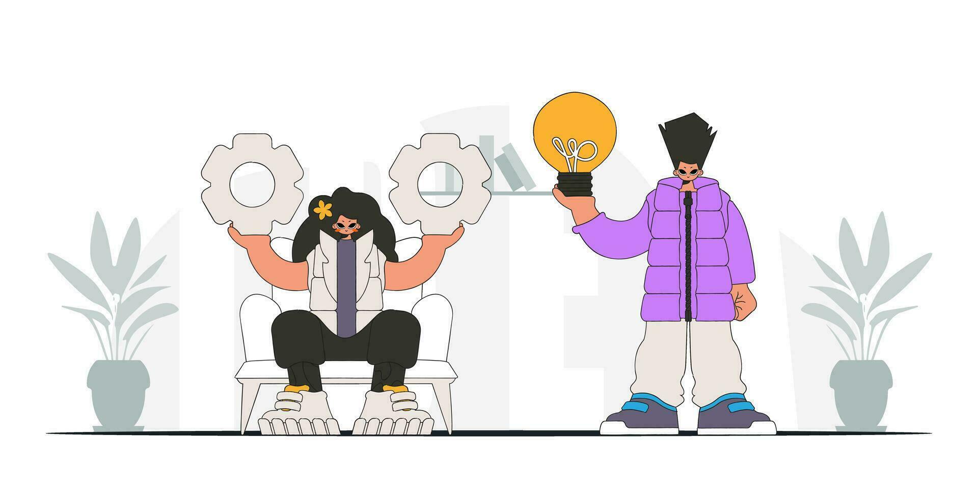 An elegant team solves problems and generates ideas. Light bulb and gears in their hands. Idea concept. trendy character. vector