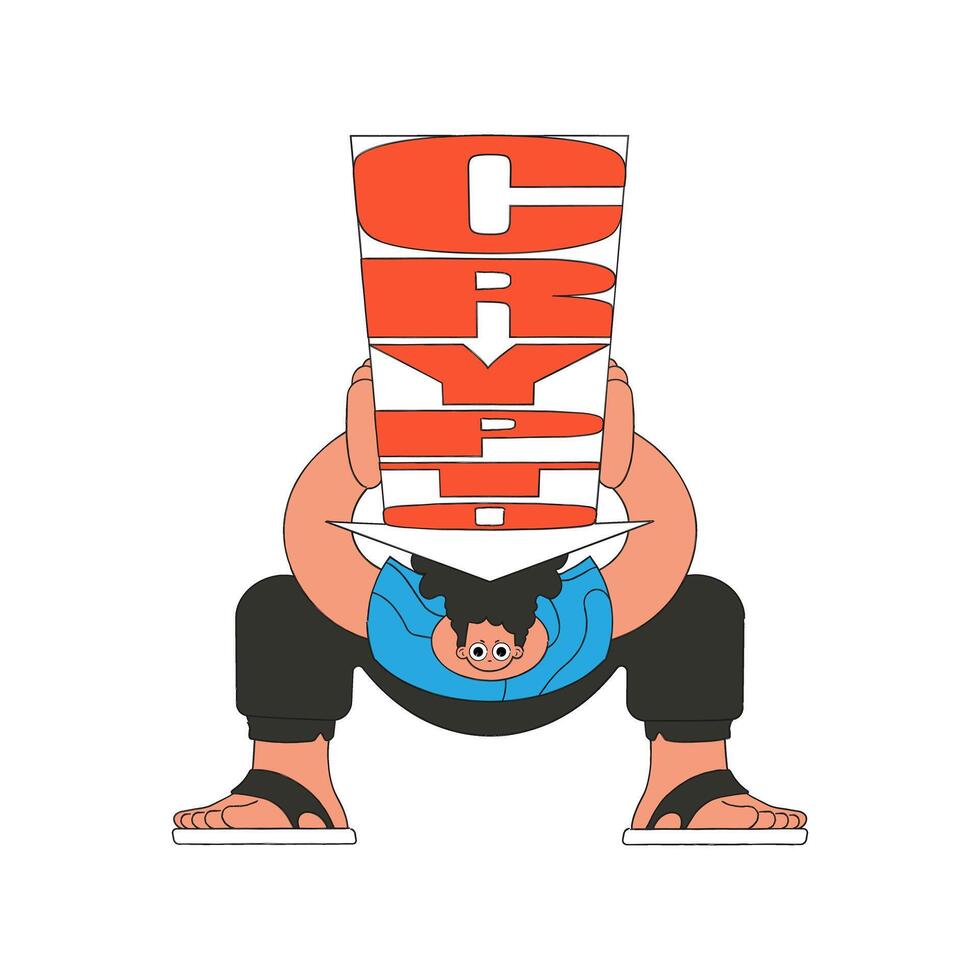 The guy is holding a falling cryptocurrency. funny character. vector