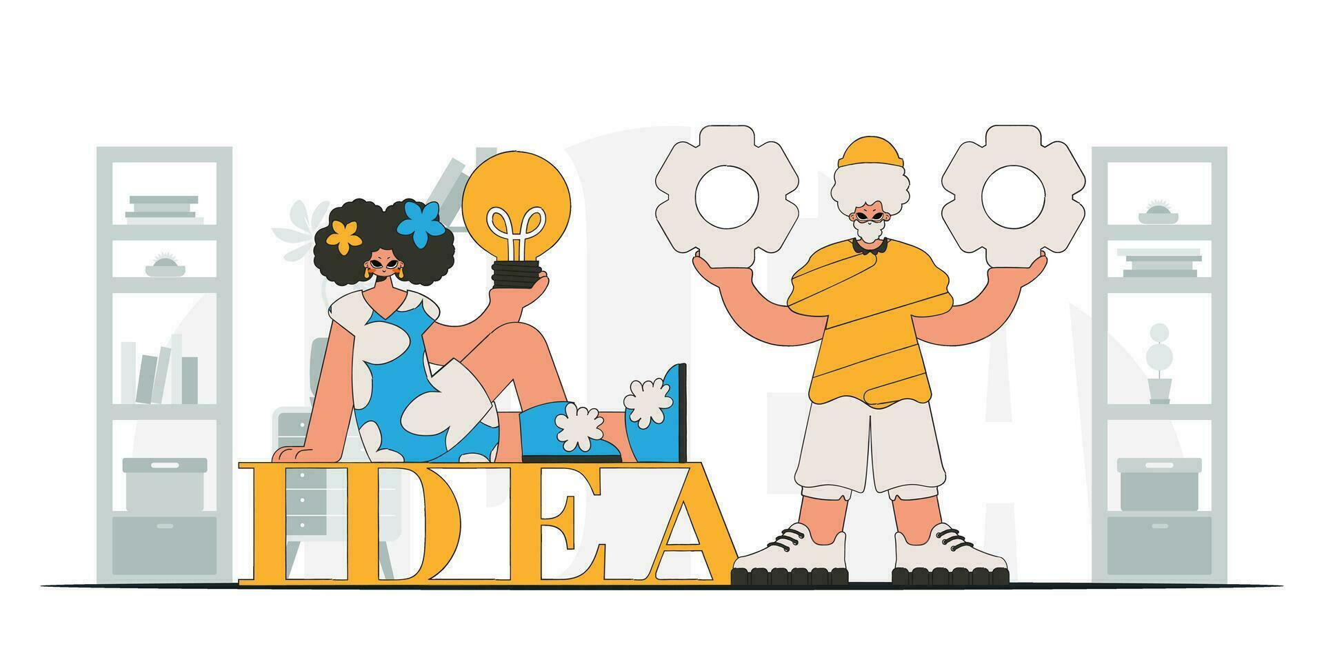 A chic team solves problems and generates ideas. Light bulb and gears in their hands. Idea theme. Retro trendy style. vector