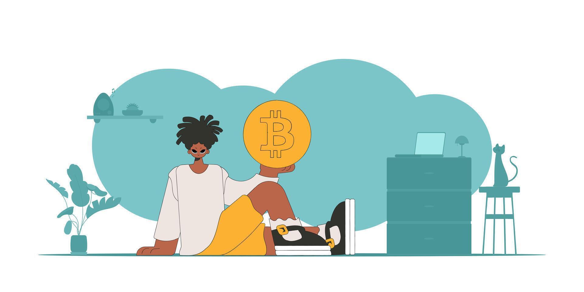 The guy is holding a bitcoin. Theme of interaction with digital monetary assets. vector