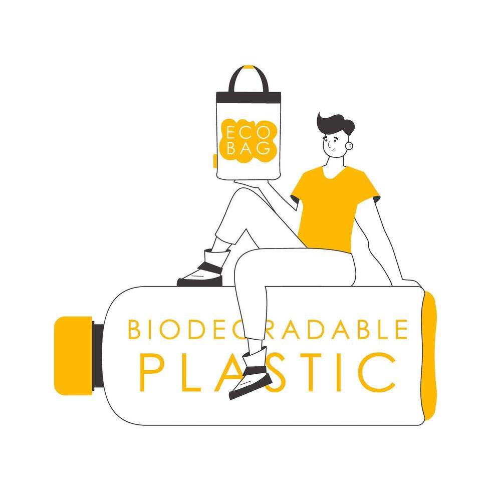A man holds an eco-package in his hands. Ecology conservation concept. Linear modern style. vector