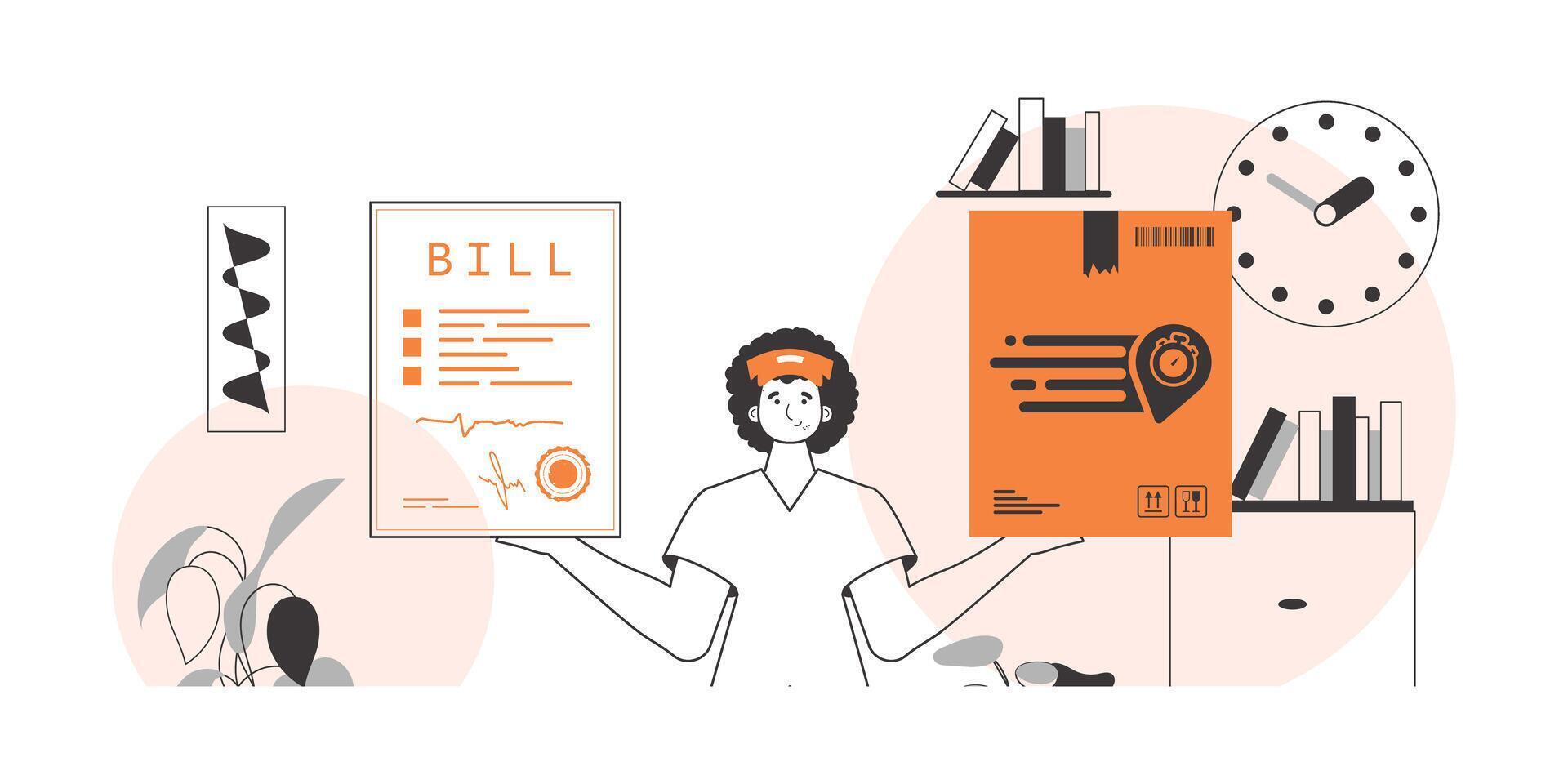 The boy holds a parcel and a check in his hands. Delivery concept. Linear trendy style. vector